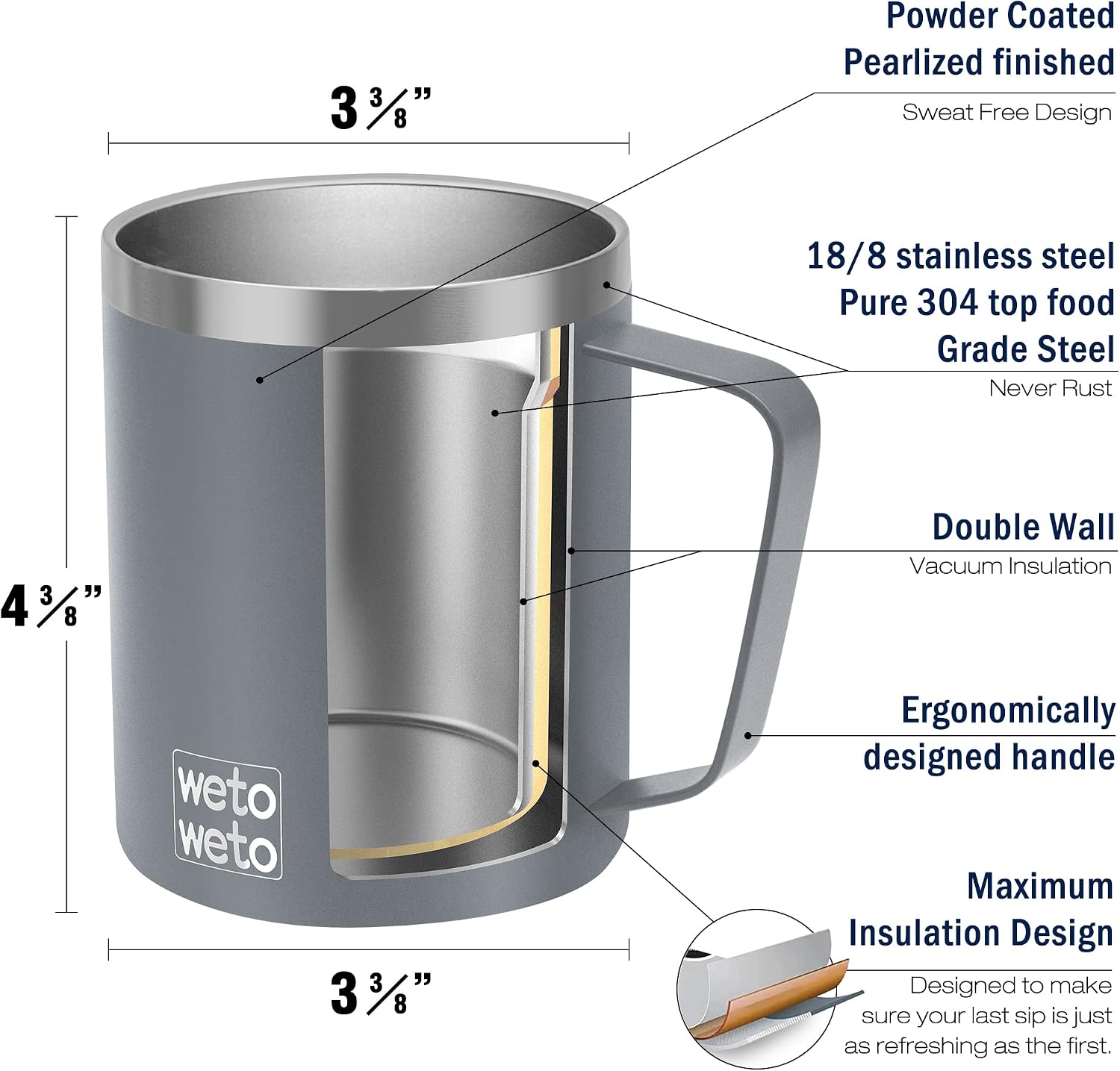 Detalle de WETOWETO 14 oz Insulated Vacuum Coffee Mug with Handle, Double-Wall Stainless Steel Tumbler (Gray) + Two BPA-Free Lids