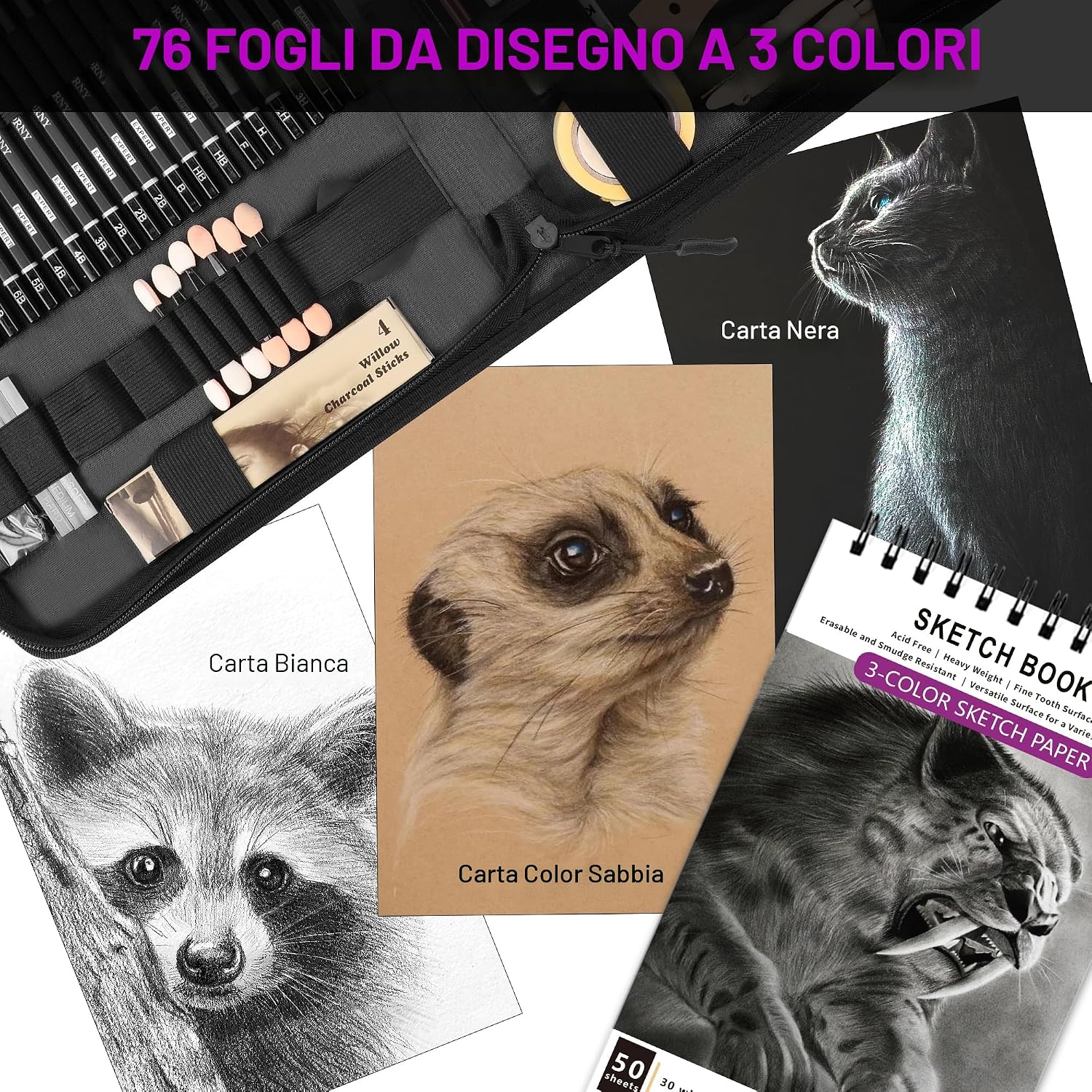 Thumbnail 6 de HIFORNY Set da Disegno 70 Pezzi con Libro a 3 Colori: matite e strumenti per schizzi, ombreggiature e miscelazione