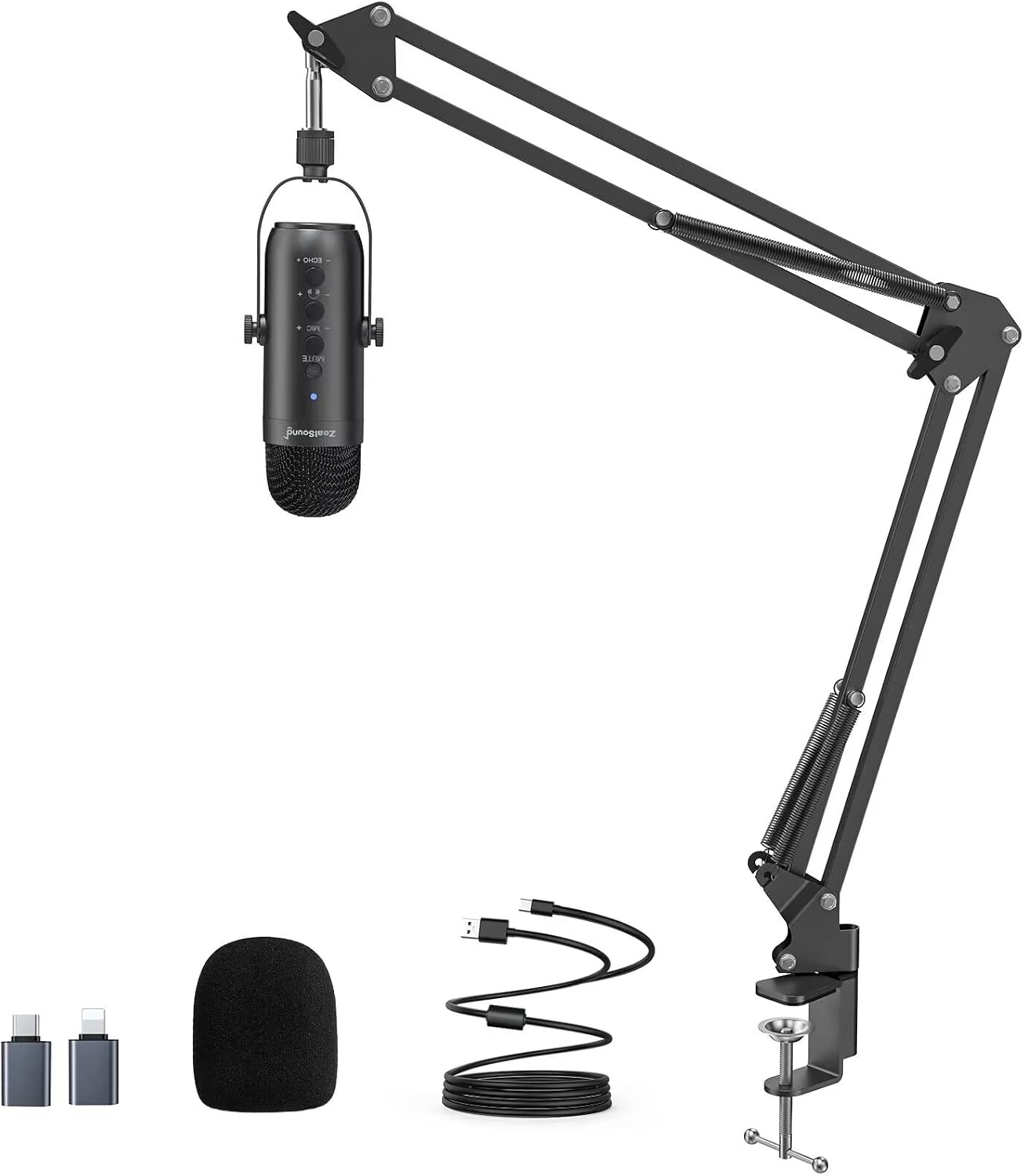 Detalle de zealsound USB Podcast Mikrofon für PC & Handy mit Rauschunterdrückung, Mute, Echo – inkl. 2 Adaptern und Boom-Arm
