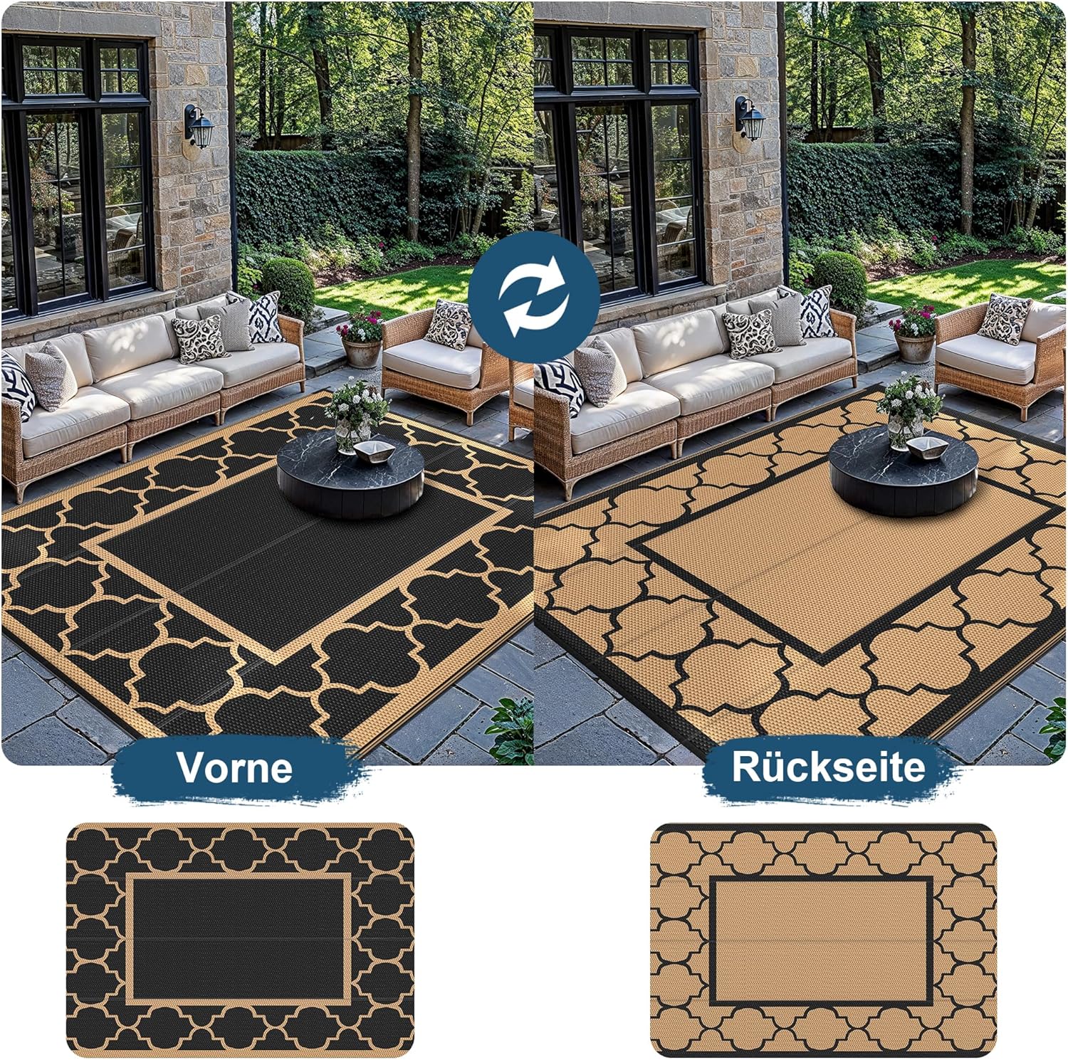 Detalle de GENIMO Tapis Extérieur Resistant Pluie 275x365 cm – Noir & Brun, réversible et antidérapant