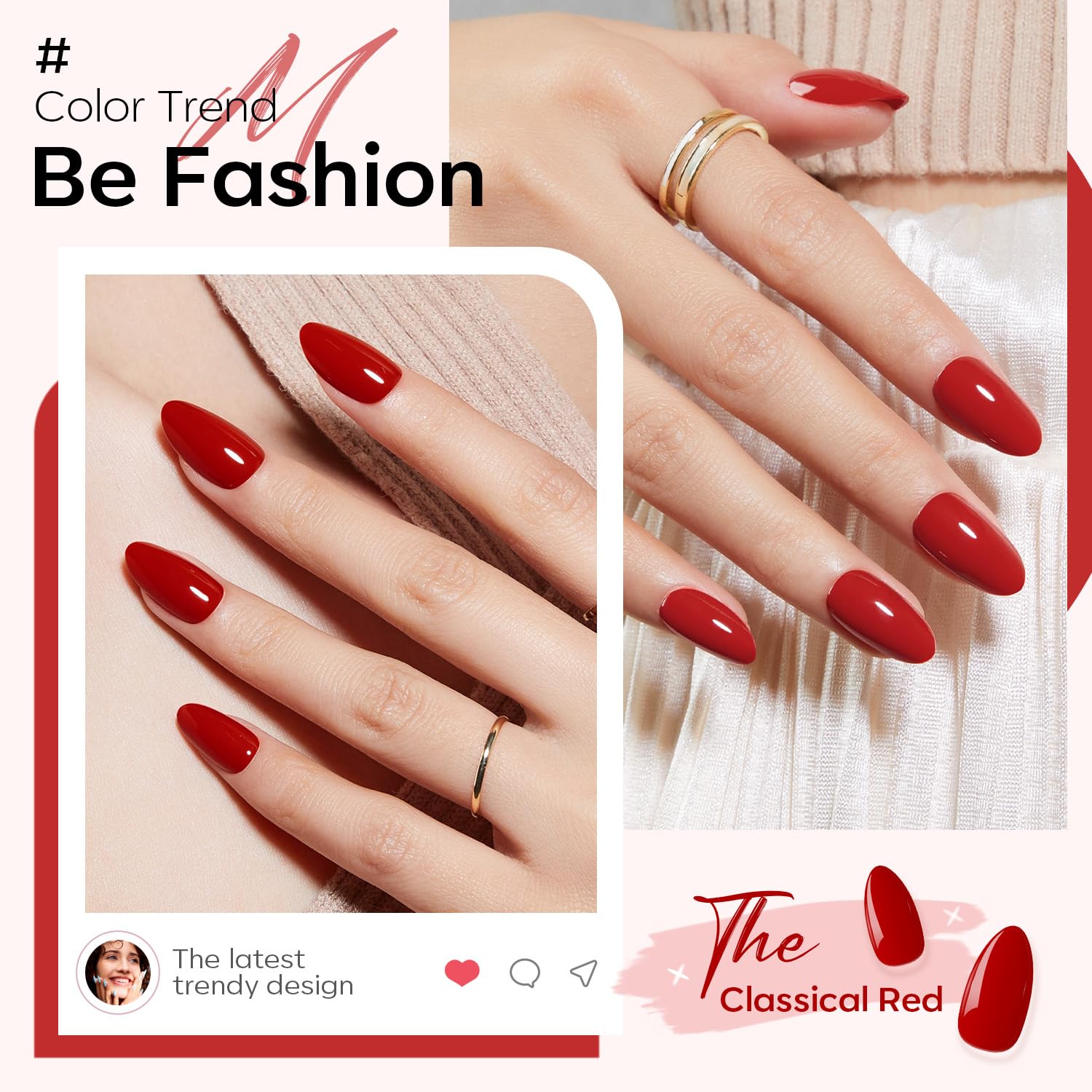 Detalle 2 de Modelones Fall Red Short Almond Press-On Nails, 32-Piece Kit with 16 Sizes