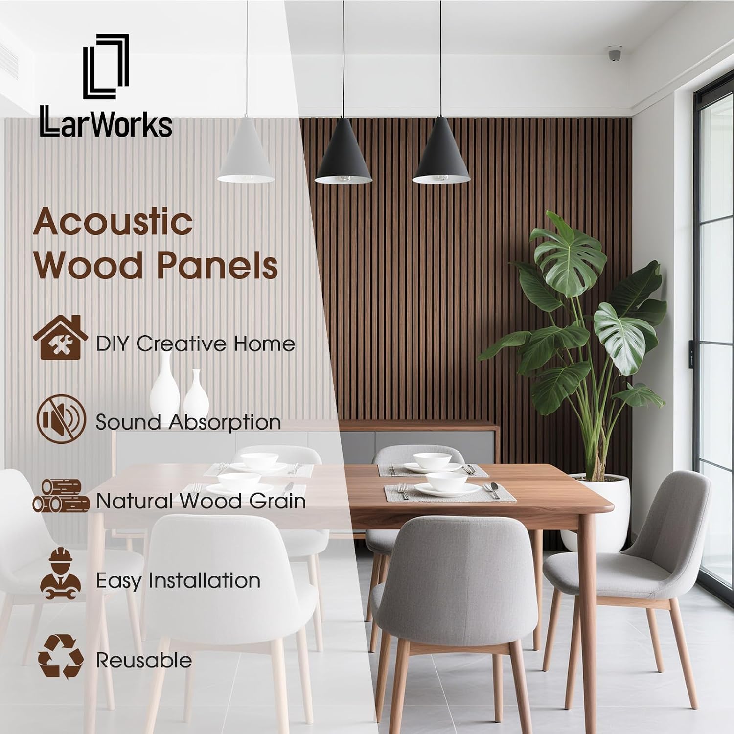 Detalle 2 de LarWorks AP1062WN02-01 Acoustic Wood Slat Panels, Walnut, 3D Fluted, 2-Pack