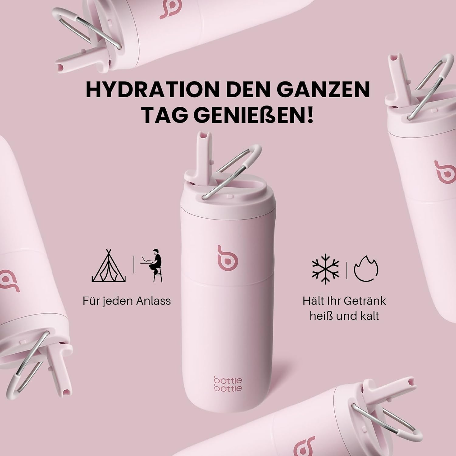 Thumbnail 1 de BOTTLE BOTTLE Edelstahl-Trinkflasche mit Strohhalm (500 ml) – auslaufsicher, BPA-frei in Pink