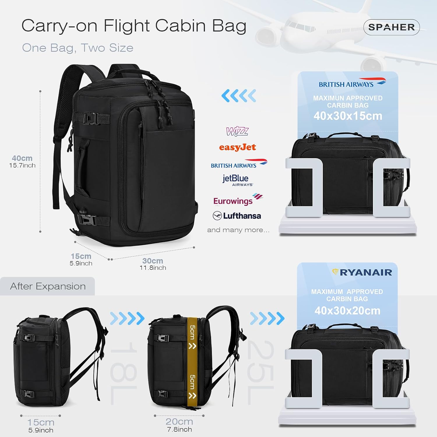 Thumbnail 2 de SPAHER Extendable Cabin Bag 40x30x15/20cm with USB Port and Shoe Compartment