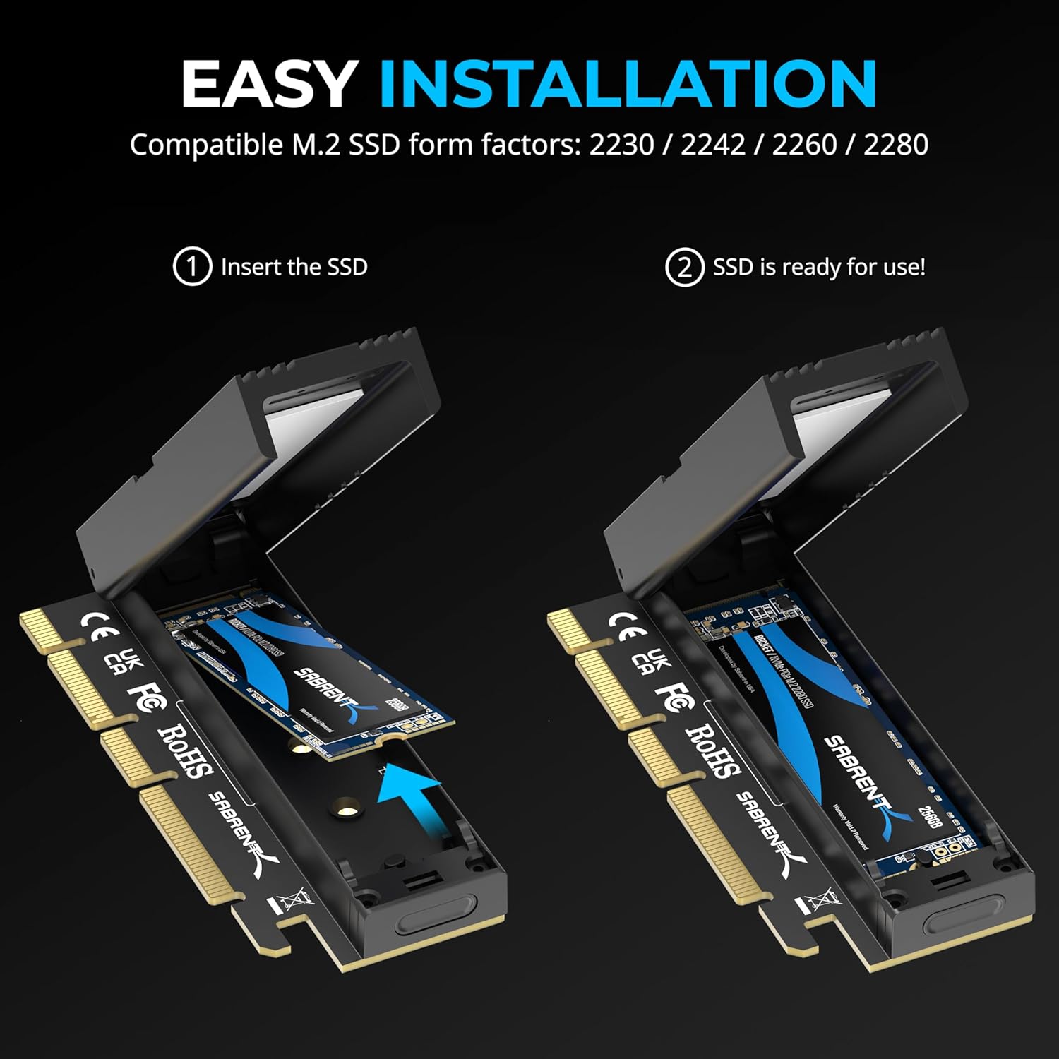 Detalle de SABRENT M.2 NVMe to PCIe x16 Adapter for Gen5 SSDs (EC-TFPE) with Aluminium Heatsink