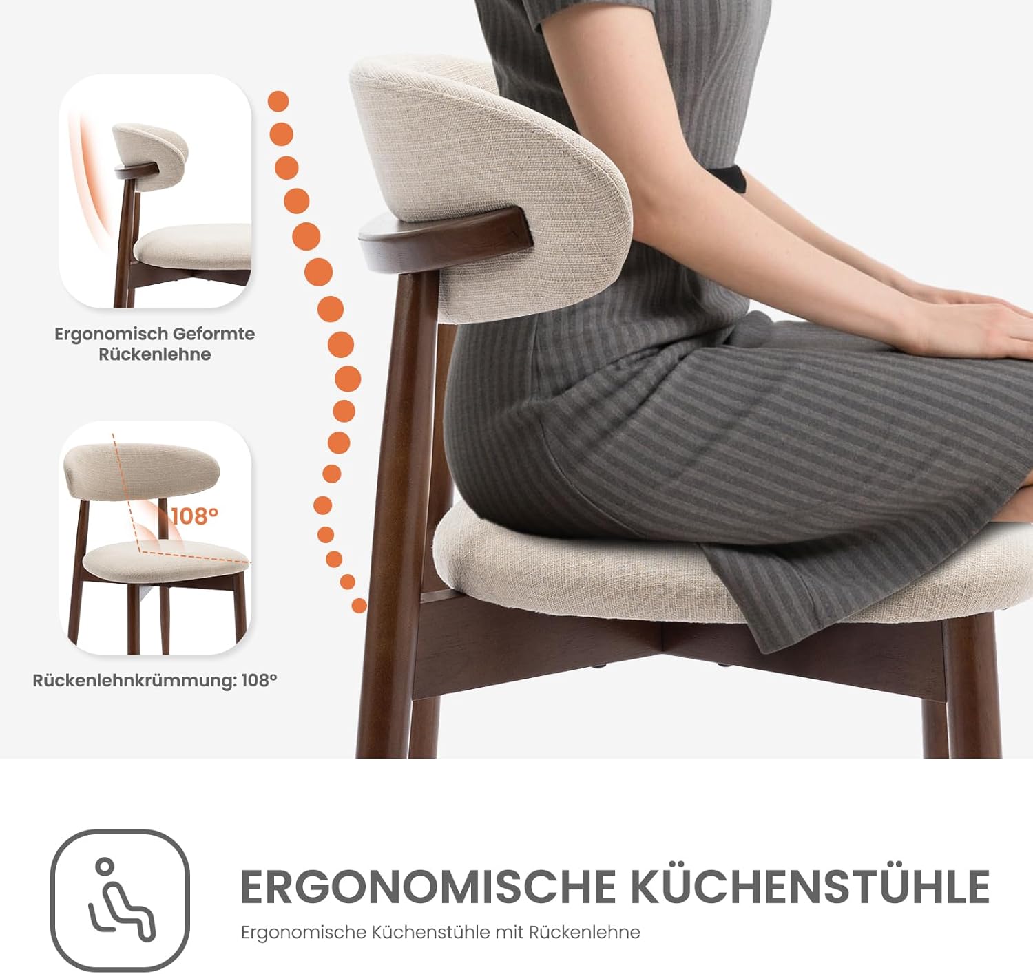 Detalle de COLAMY Küchenstuhl 2er Set – Moderner Polsterstuhl mit fester Rückenlehne, Beige, Holzbein