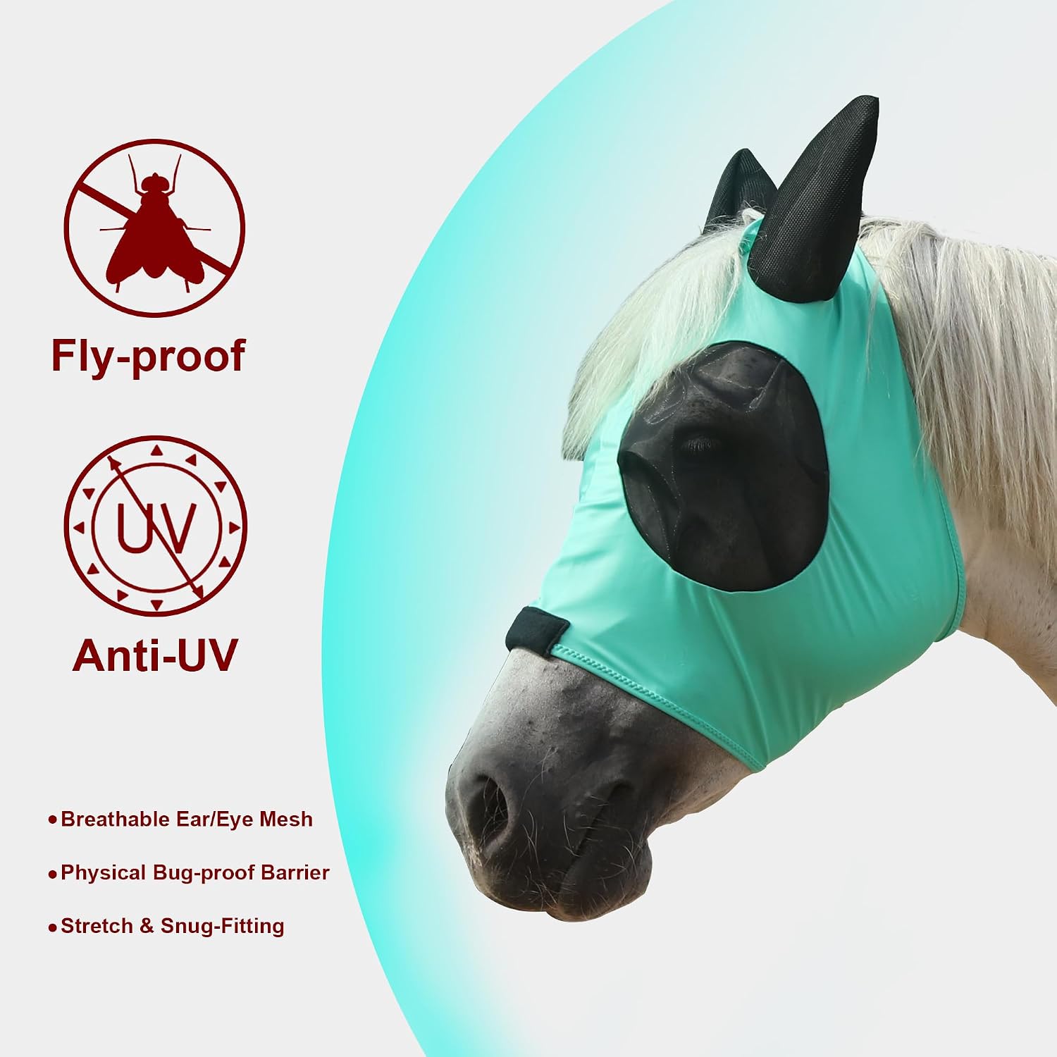 Thumbnail 2 de Leberna Horse Fly Mask with Ears – Smooth, Elastic & UV Protection (Green, Full)