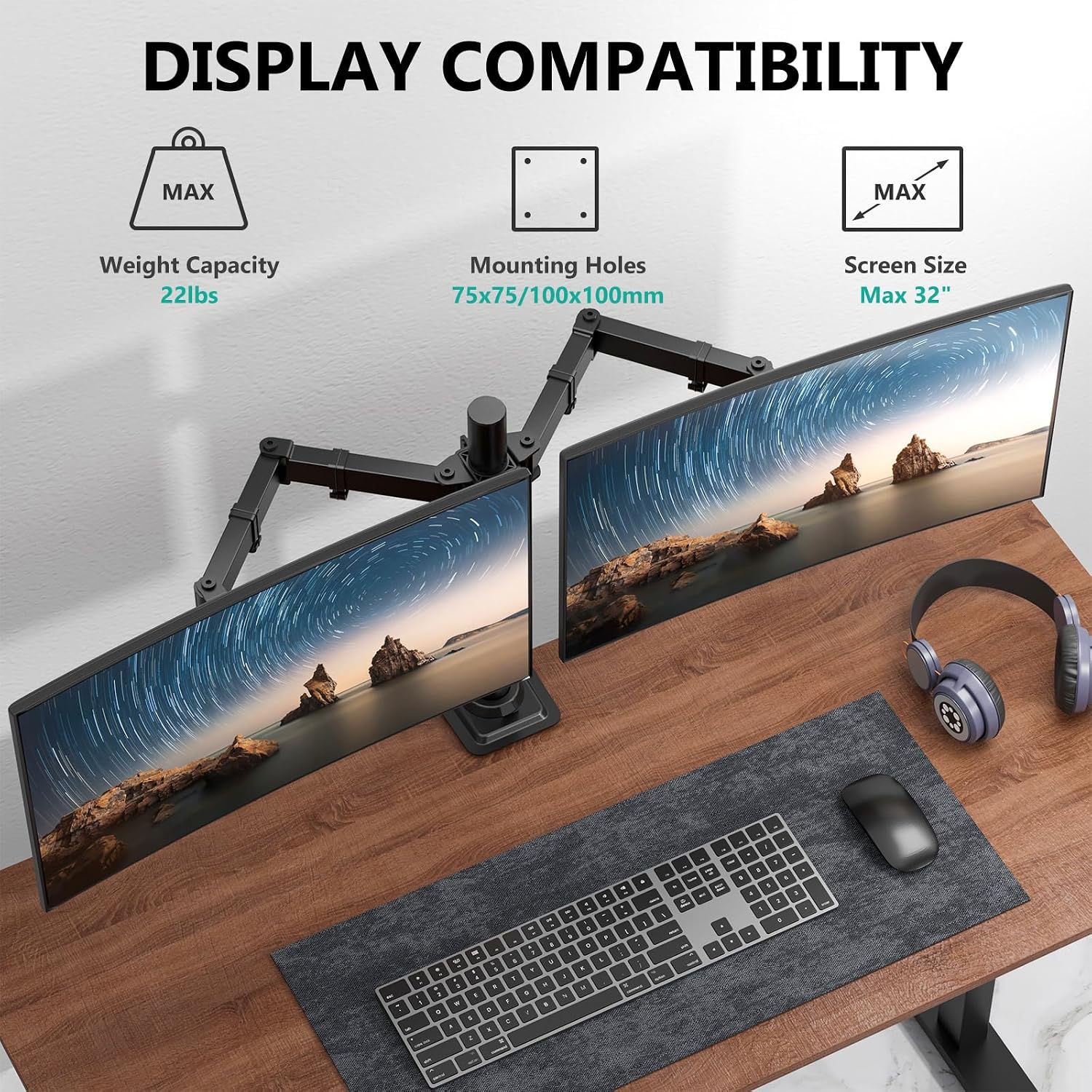 Detalle de WALI M002 Dual Monitor Arm for 13–27-Inch Screens, Adjustable, VESA 75/100mm