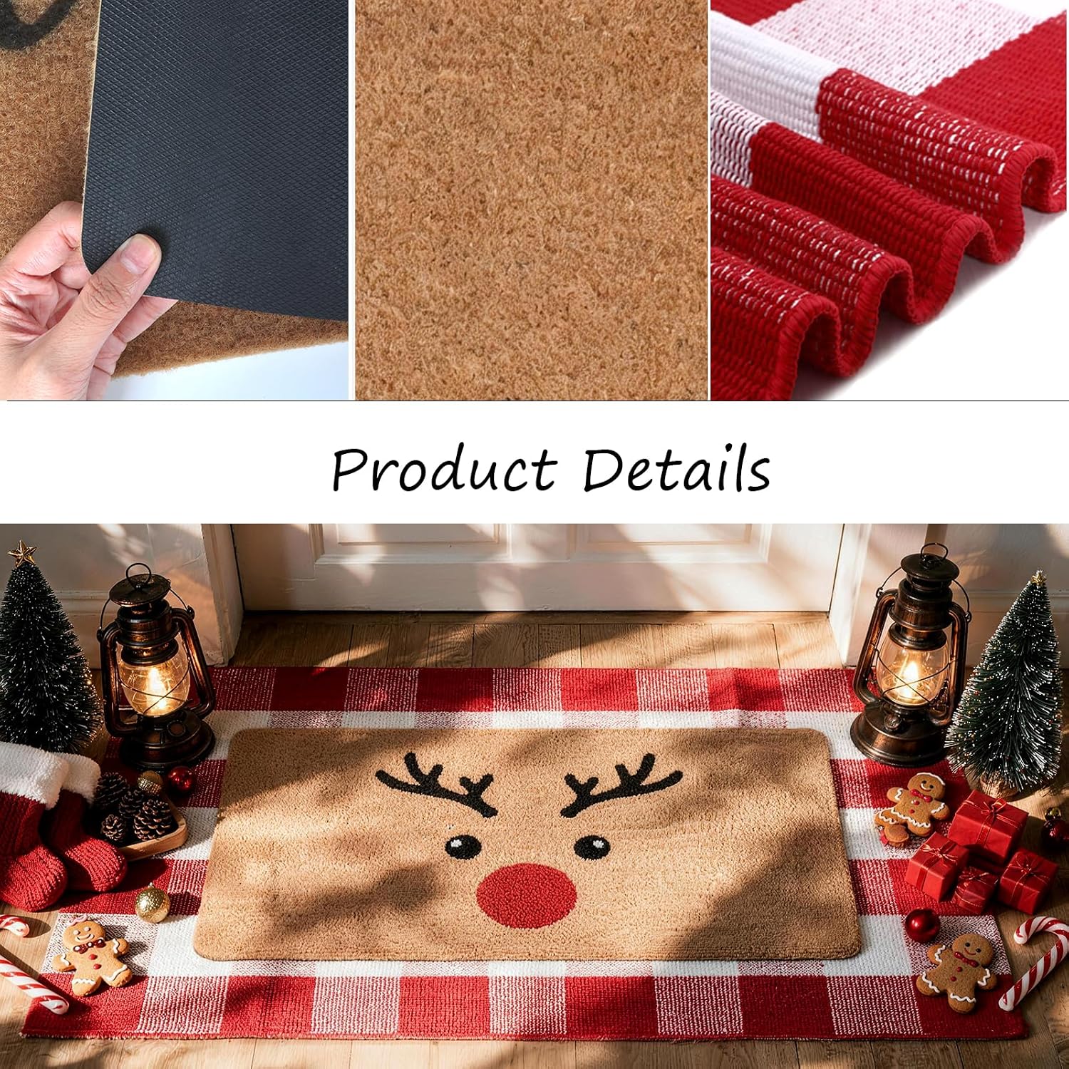 Thumbnail 6 de PIXFAIRY Christmas Layered Doormat Set, Reindeer Coir and Red Plaid Cotton