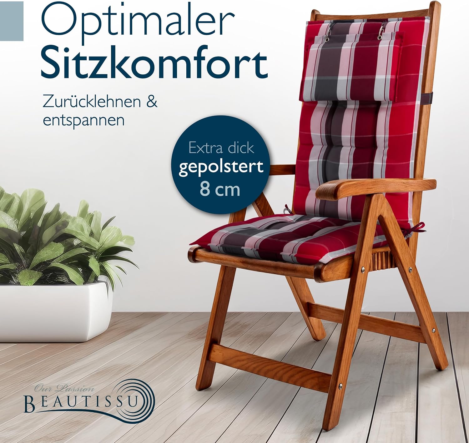 Detalle 2 de Beautissu 7er Set Premium Hochlehner Auflage Kopfpolster 120x50cm Sun-HL – 8 cm Dick, rutschfest, UV-beständig