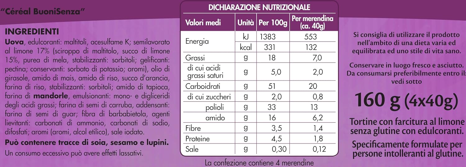 Detalle de Céréal BuoniSenza Tortine al Limone 160 g – Merenda pronta senza glutine e lattosio
