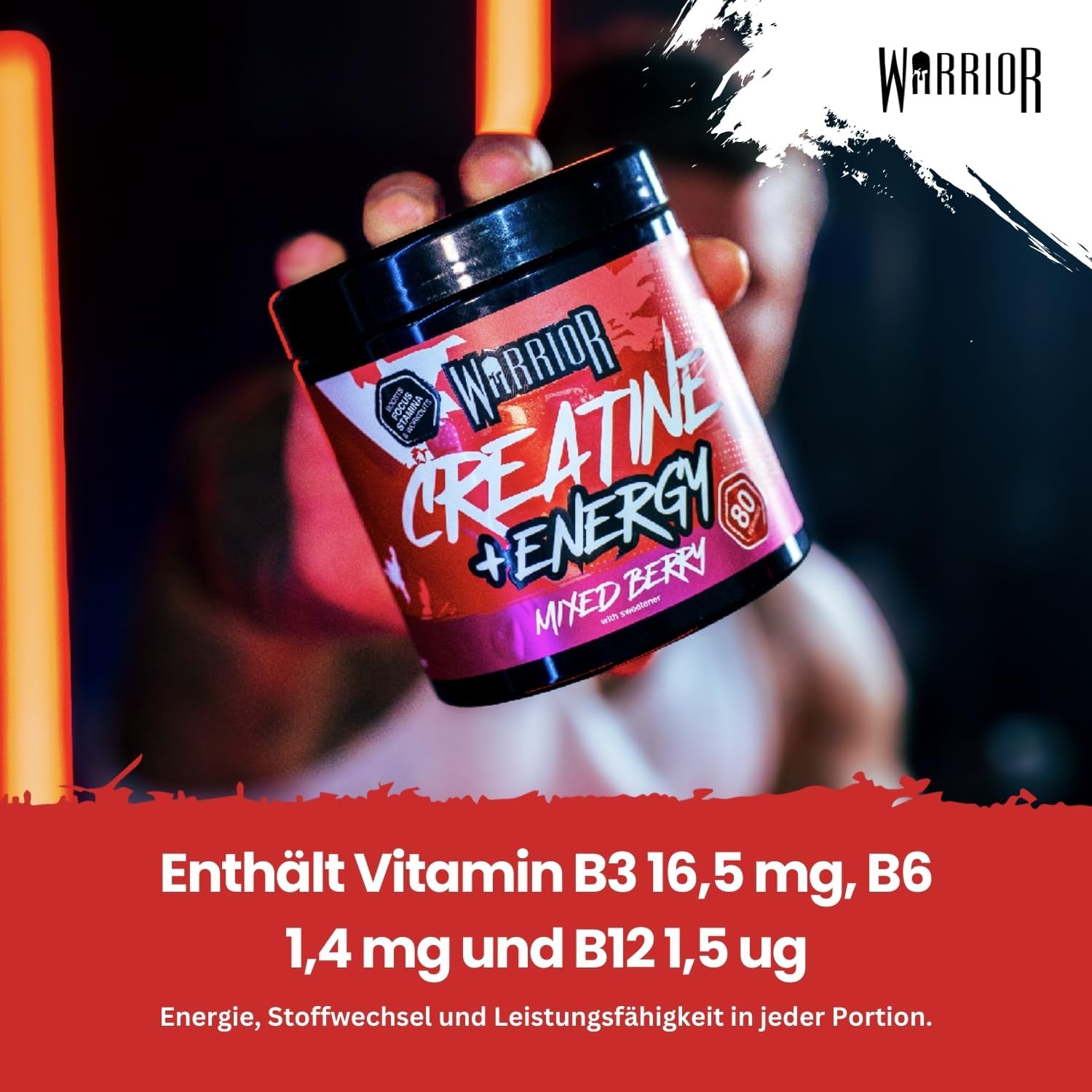 Thumbnail 6 de Warrior Kreatin Monohydrat + Energy Pulver 360 g (Gemischte Beeren) – 80 Portionen mit Koffein & Vitaminen