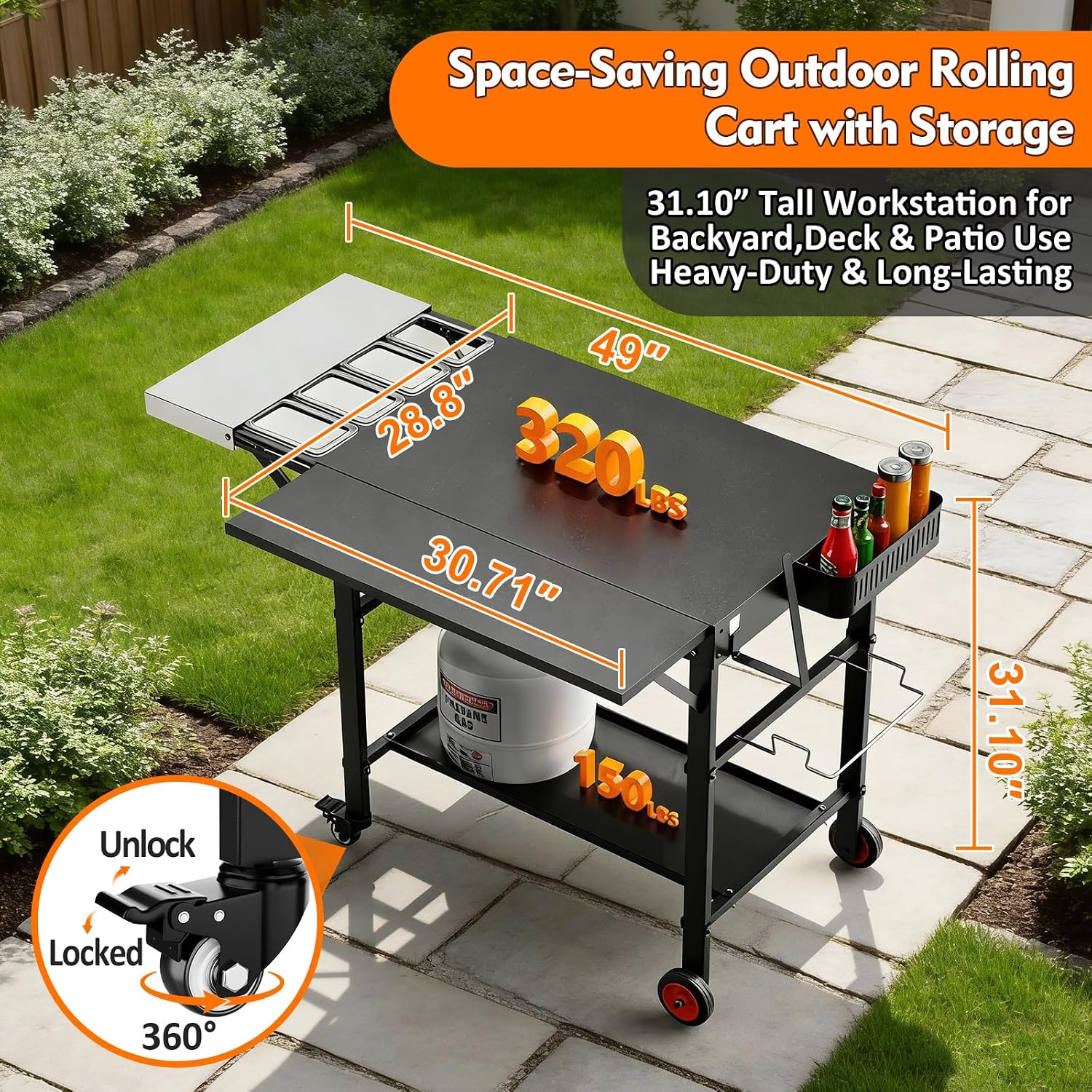 Detalle de EsFrondo Pizza Oven Table, Wheeled Grill Cart with 28.8-Inch Prep Surface