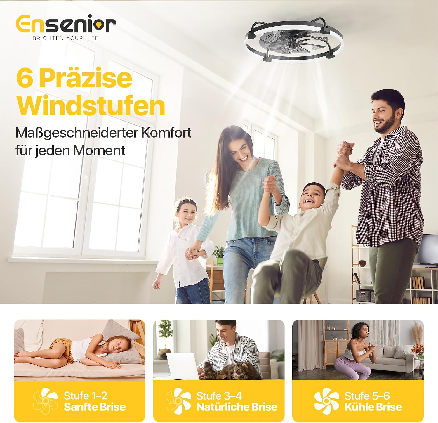 Thumbnail 3 de Ensenior Deckenventilator mit Beleuchtung – 50 cm, flaches Design, 6 Stufen, dimmbares Licht, Fernbedienung und App-Steuerung