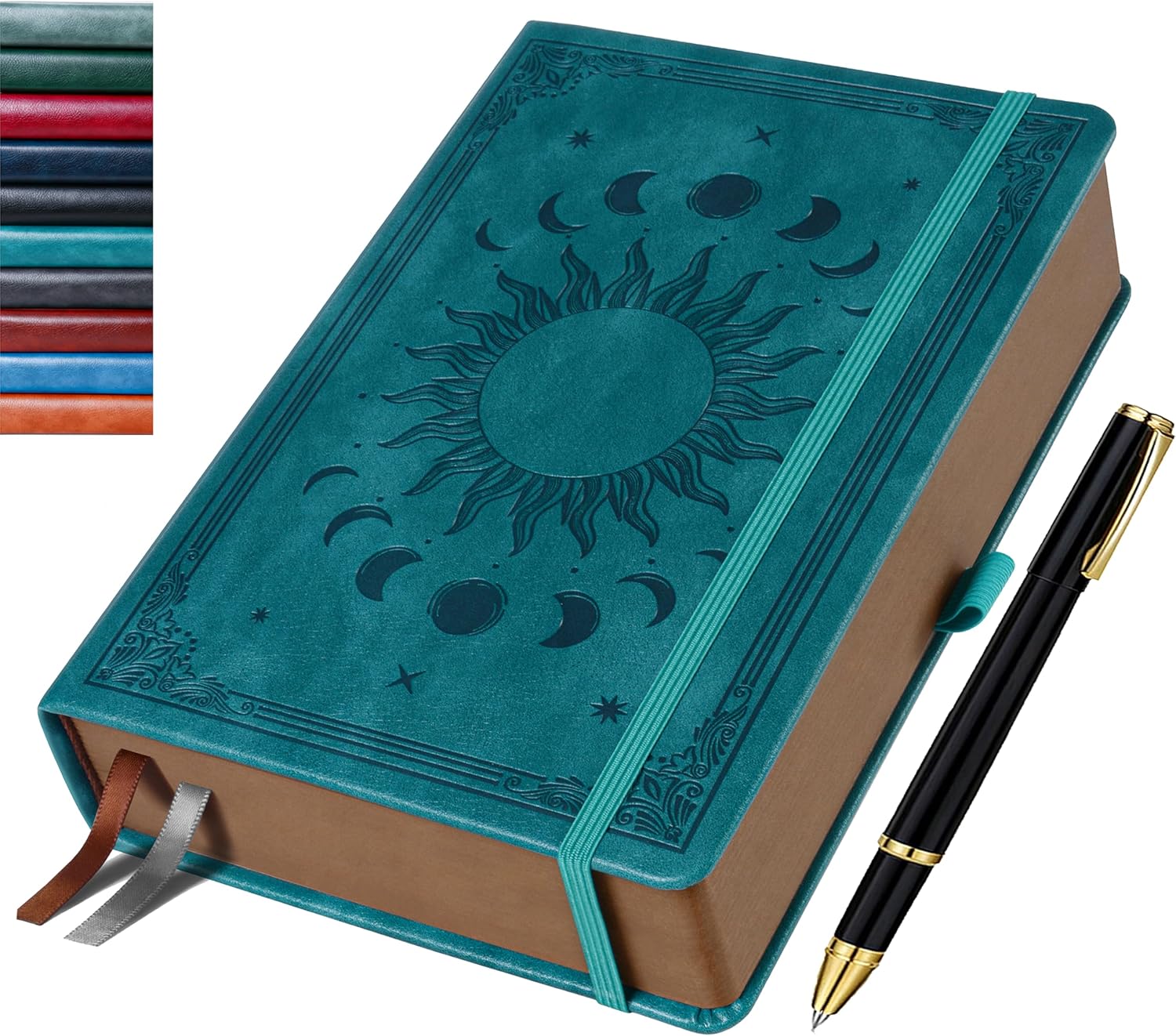 Detalle de HwxBen B5 Leather Journal (Seagreen) – 360 Lined Pages, Lay-Flat, Ribbon Bookmarks & Pen Holder