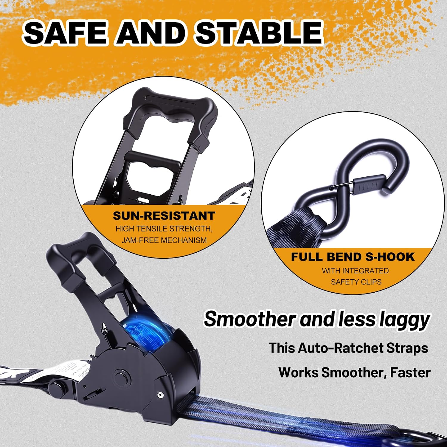 Detalle de 3300lb Retractable Ratchet Straps with Soft Loops (2 Pack) – 2" x 10' Heavy Duty Auto Self Retracting Tie Downs