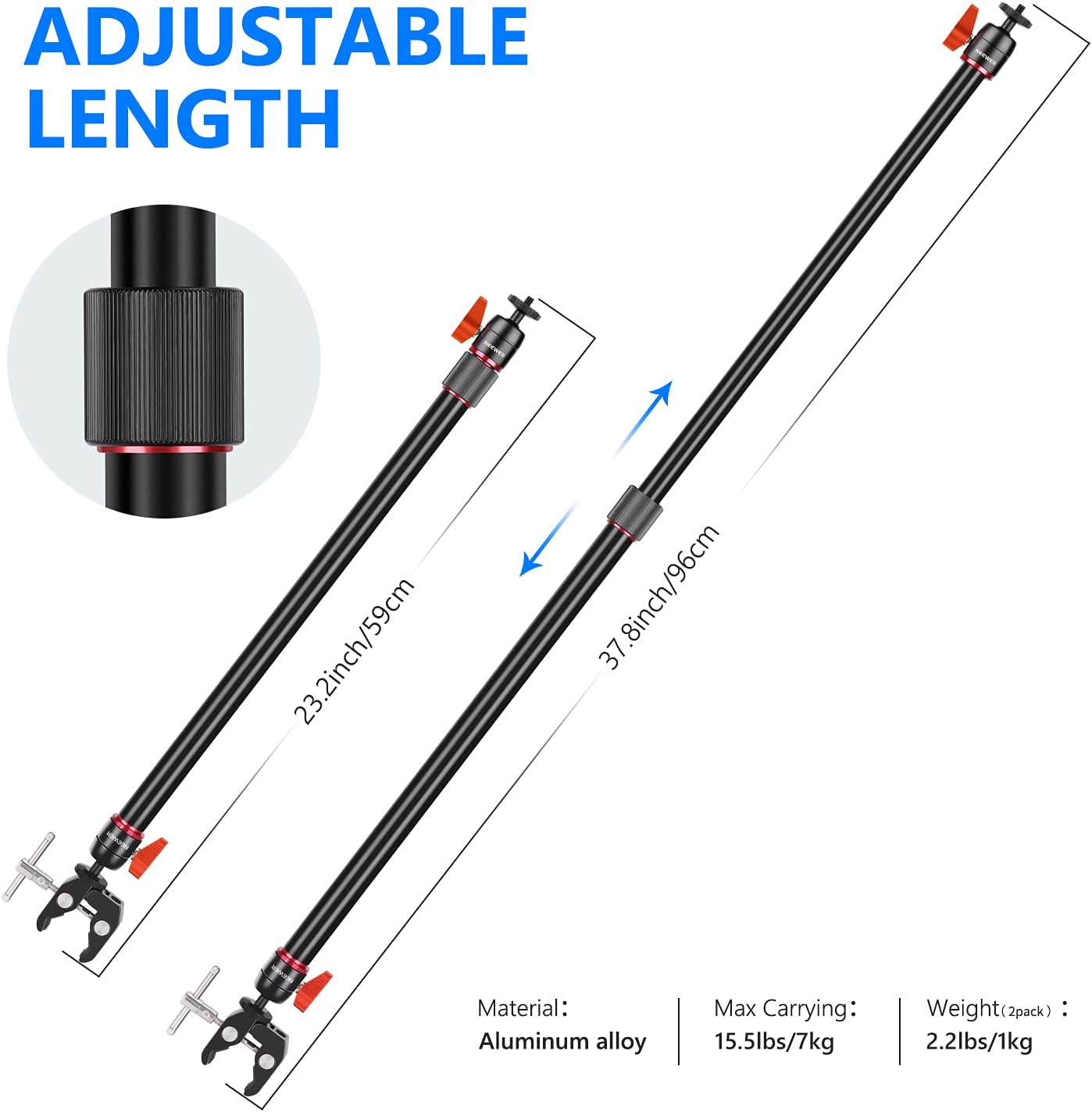 Detalle de NEEWER Kamera-Slider Stützarm 2er-Set: verstellbare Tragarme aus Aluminium für mehr Stabilität