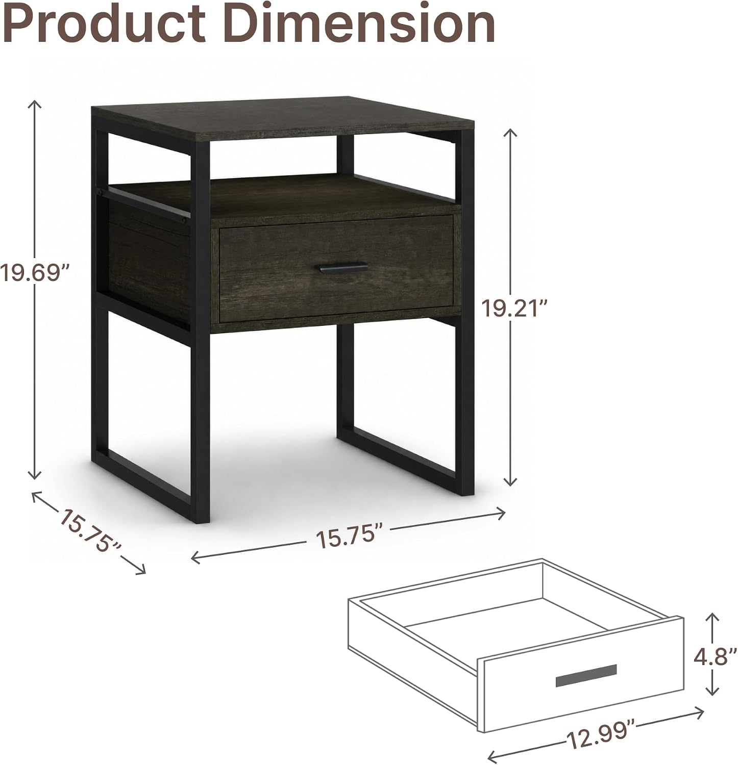 Detalle 2 de KISLOT K-KJW.TNS003 Nightstand Set of 2 with Drawer, Open Shelf, Gray