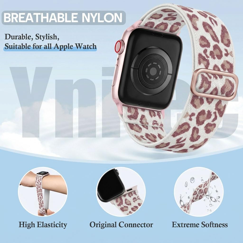Detalle de Ynitec Leopard Print Elastic Apple Watch Strap – 38/40/41/42mm, Stretchy Nylon Band for Wrist, Arm or Ankle (Pink Leo)