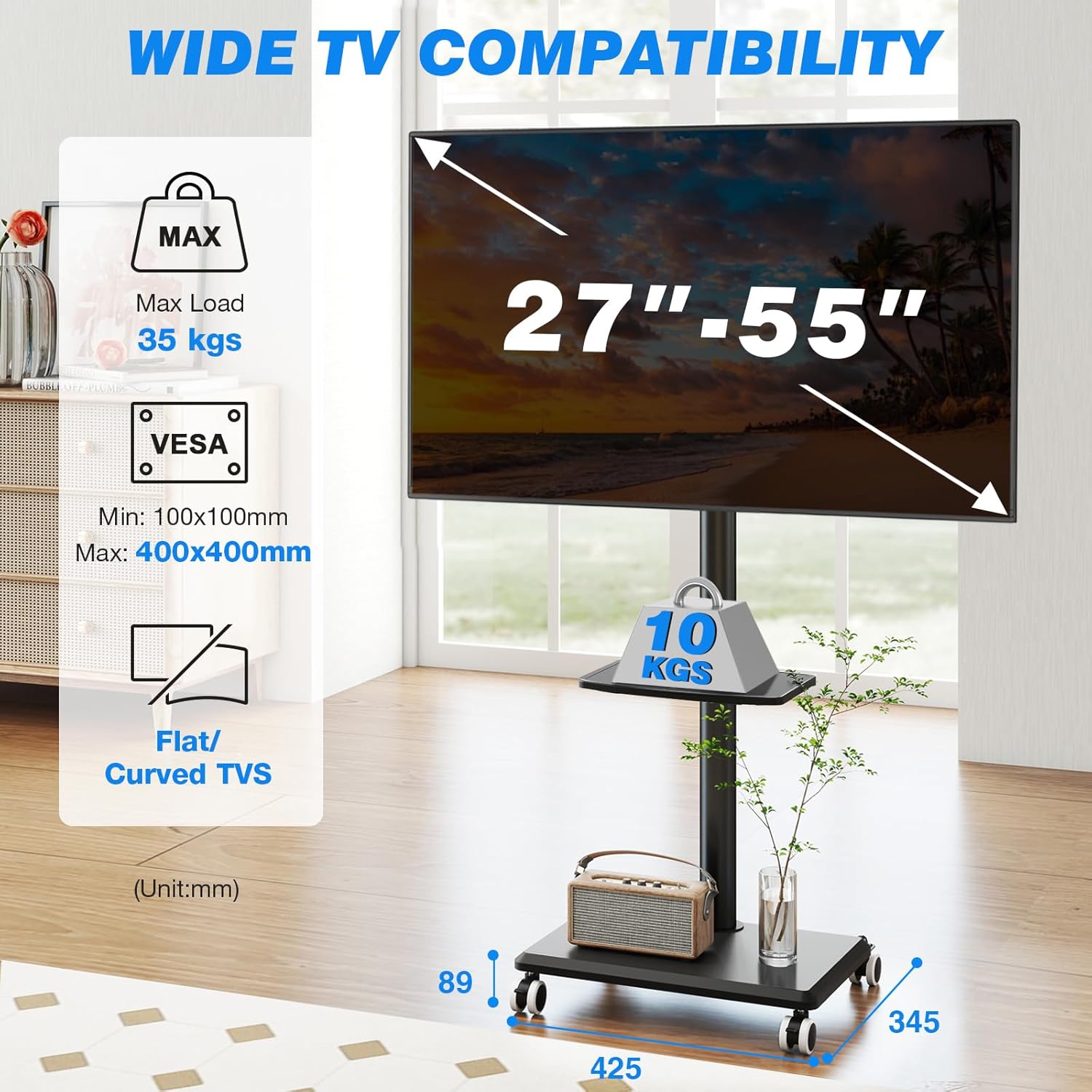 Thumbnail 1 de 5Rcom support TV sur pied à roulettes (VESA 400×400) pivotant et réglable en hauteur pour écrans 27 à 55 pouces, base en bois (noir)