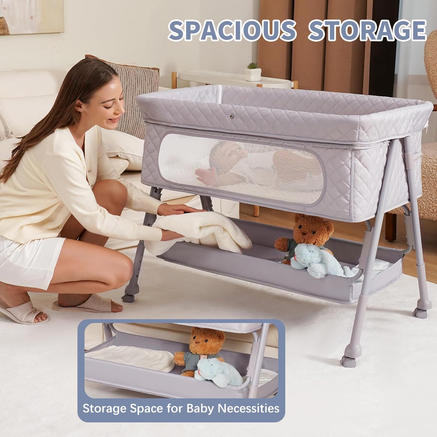 Detalle de Kiniew Bassinet Bedside Sleeper (Adjustable Height, Folding, Mesh) — Grey