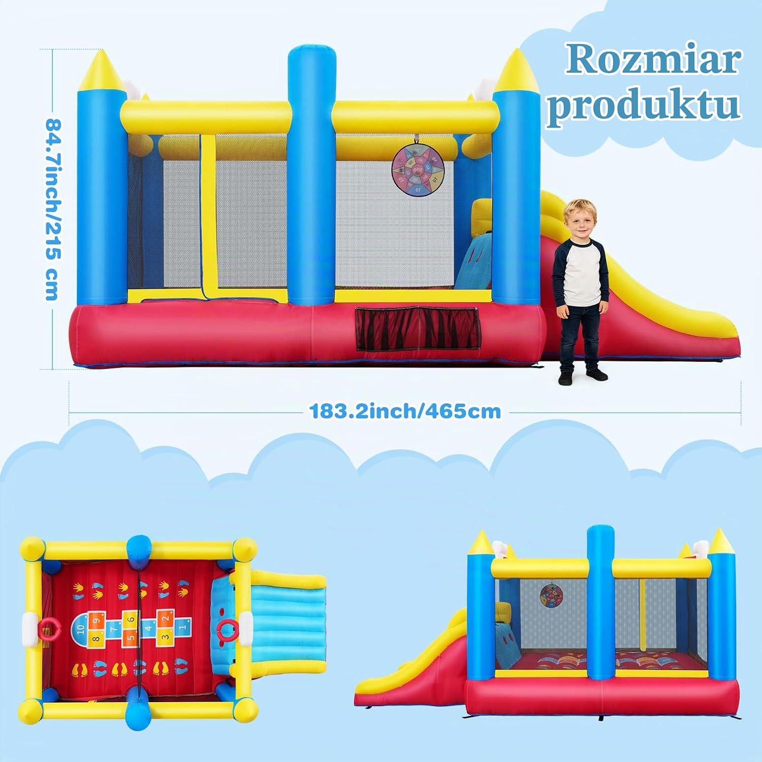 Detalle de AKEYDIY dmuchany zamek dla dzieci ze zjeżdżalnią, trampoliną i koszem