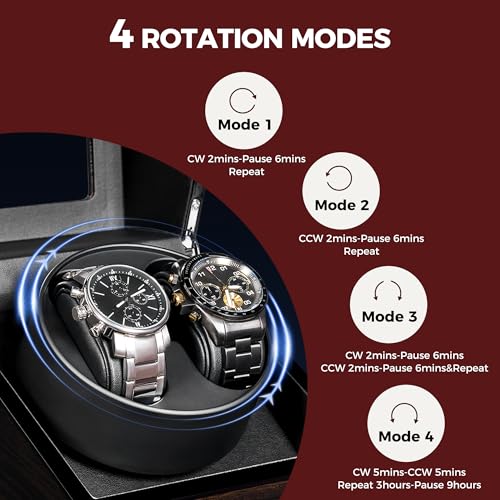 Detalle de ANWBROAD Enrollador para Relojes Automáticos — Caja giratoria de lujo para 2 relojes, 4 modos de rotación y funcionamiento super silencioso