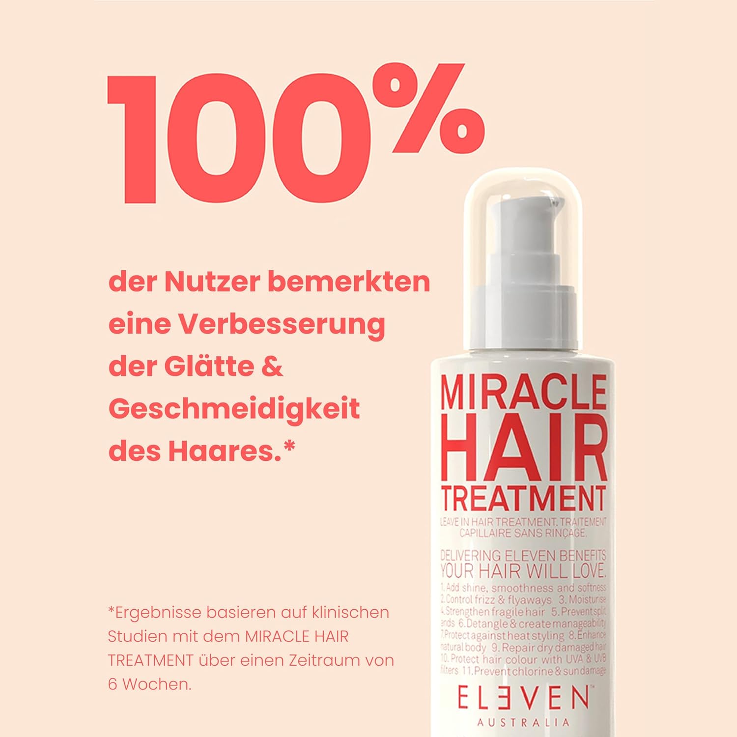 Detalle 2 de ELEVEN AUSTRALIA Miracle Hair Treatment – Leave-In für trockenes Haar, Hitzeschutz & Glättung (125 ml)