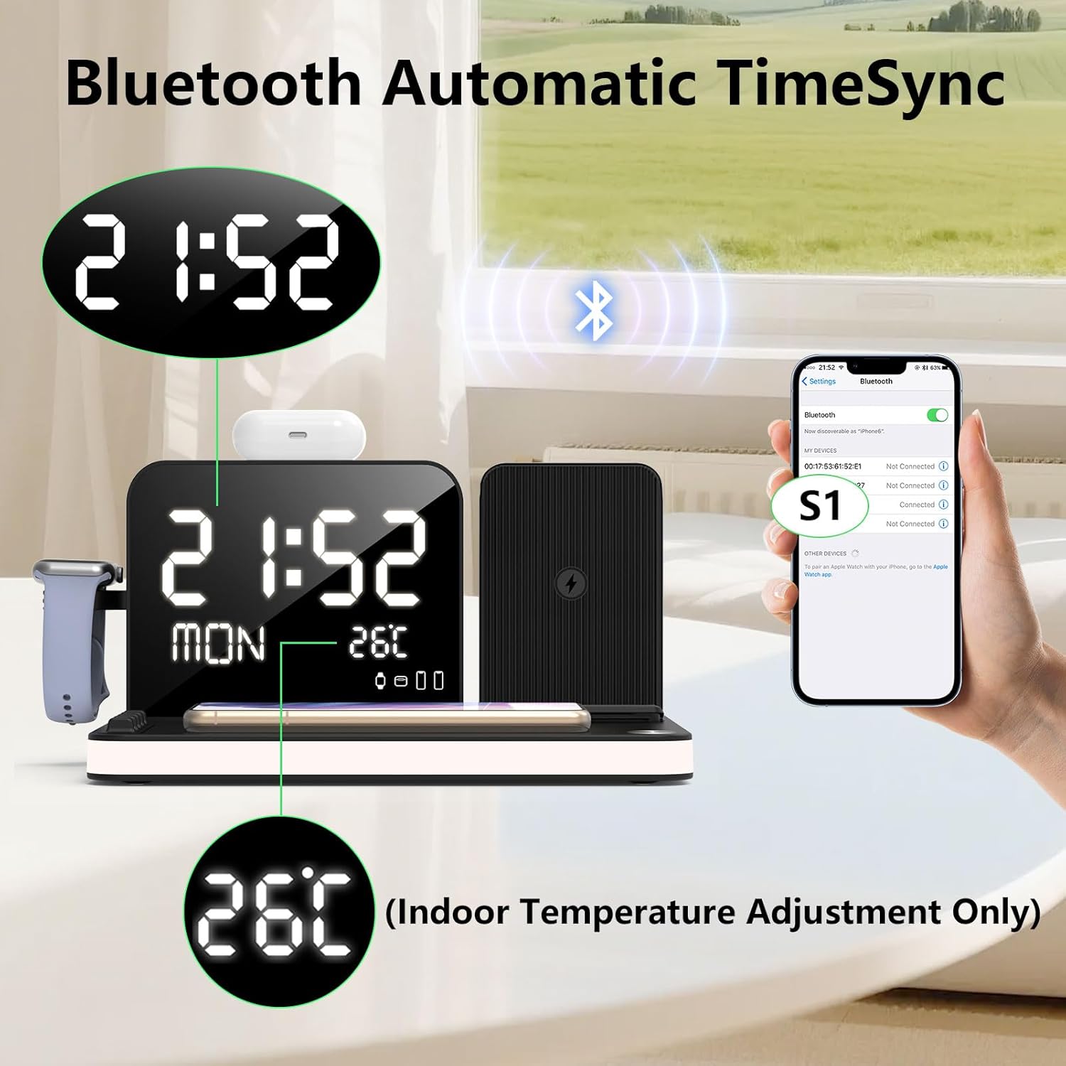 Detalle 2 de Caricabatterie wireless 7 in 1 con orologio e luce notturna: ricarica rapida per iPhone, AirPods, Apple Watch e altro