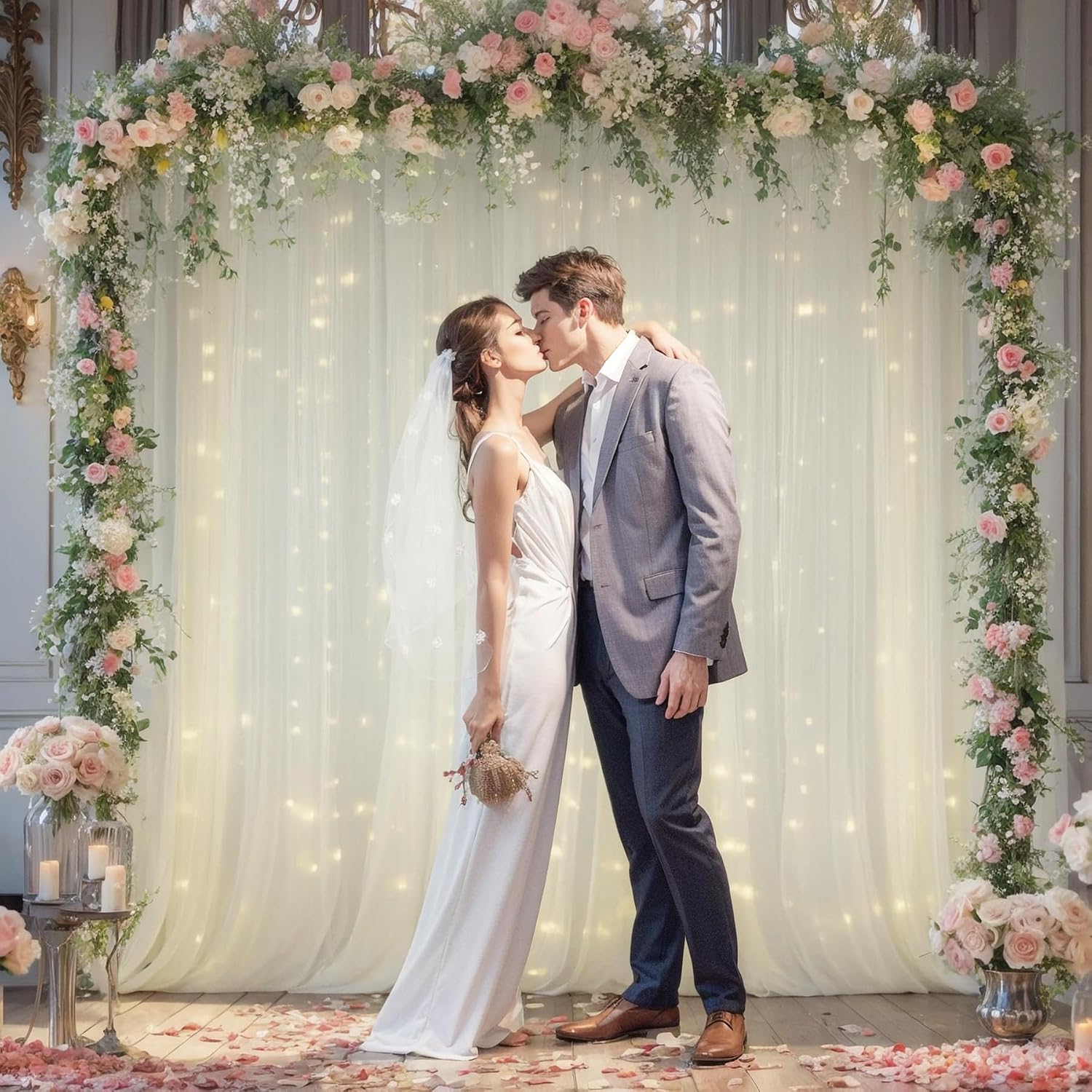 Detalle 2 de Ivory Tulle Backdrop Curtain with Lights — 20x10ft for Weddings, Parties & Photo Shoots