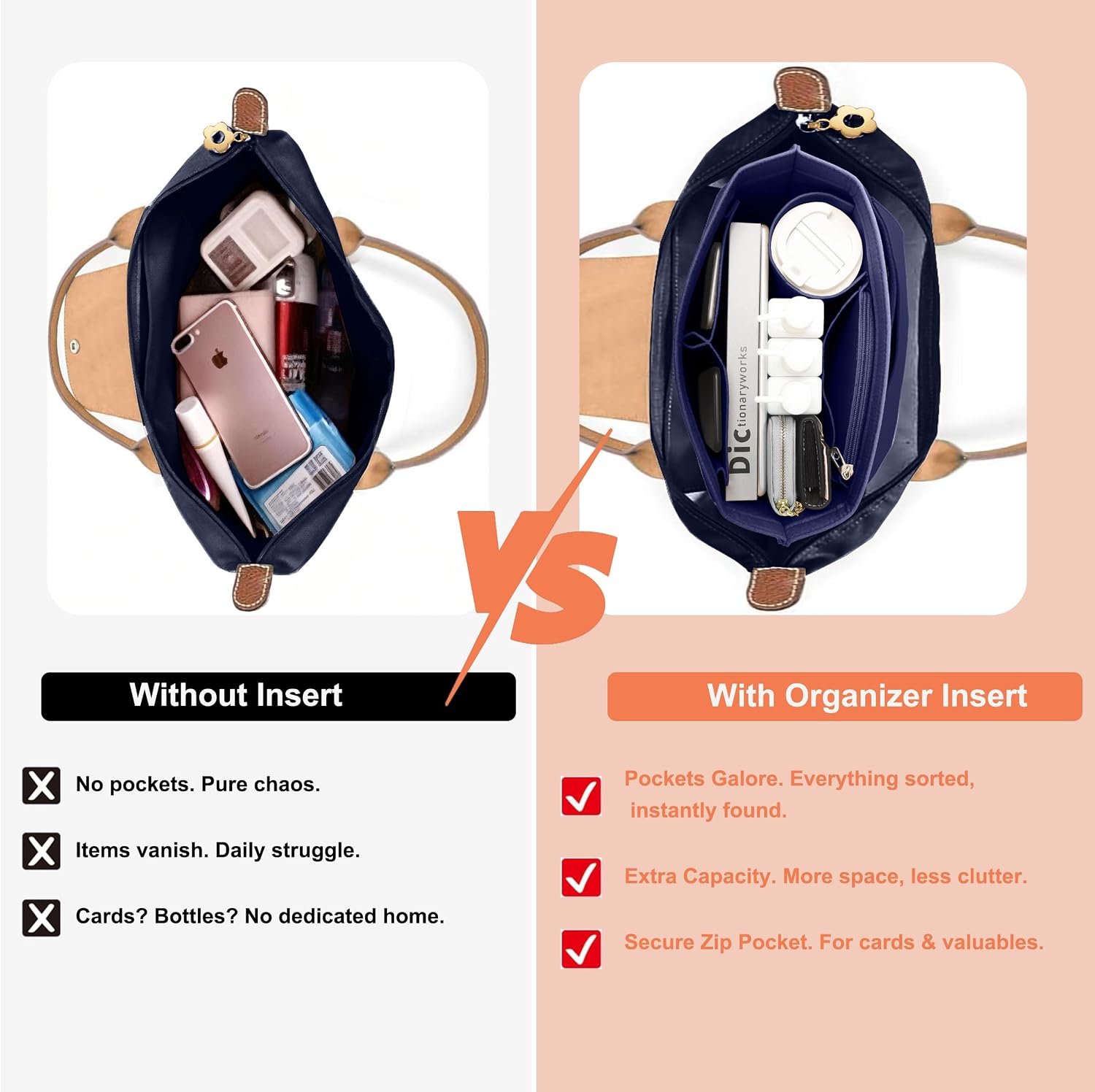 Detalle 2 de ZhengYue Bag Organizer Insert for Longchamp Le Pliage – Felt Purses with 7 Pockets