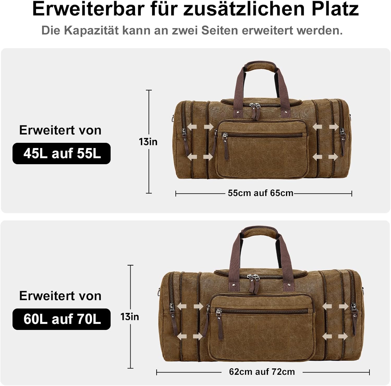 Detalle 2 de Erweiterbare Reisetasche 55L – kompakte Sporttasche aus Baumwoll-Canvas für Reisen, Fitness und Business