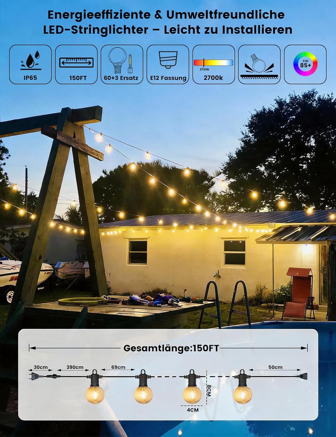 Thumbnail 6 de ZOTOYI Catena Luminosa da Esterno IP65 45 m con lampadine G40 LED 2700K (60+3)