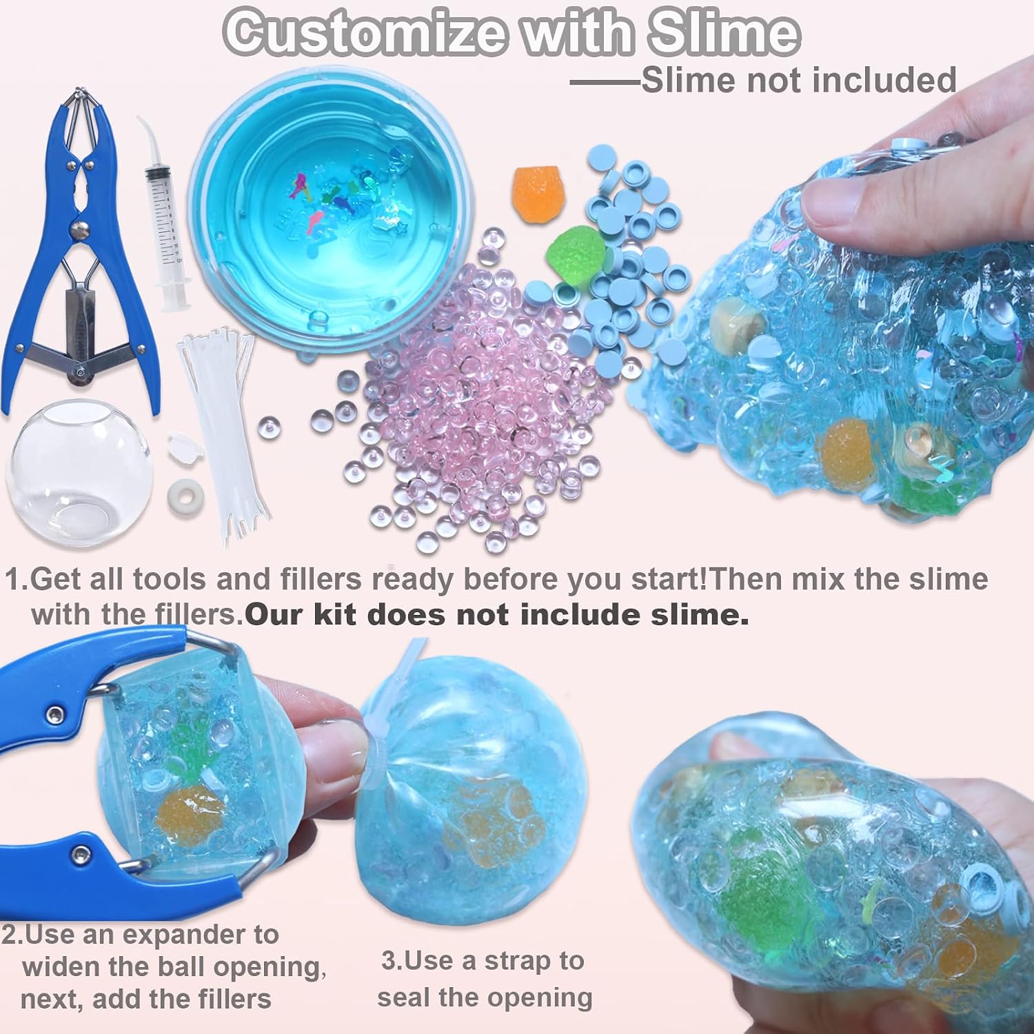 Detalle 2 de VIVIMAGIS DIY Stress Ball Making Kit, 15 Clear TPR Shells, Pump and Expander