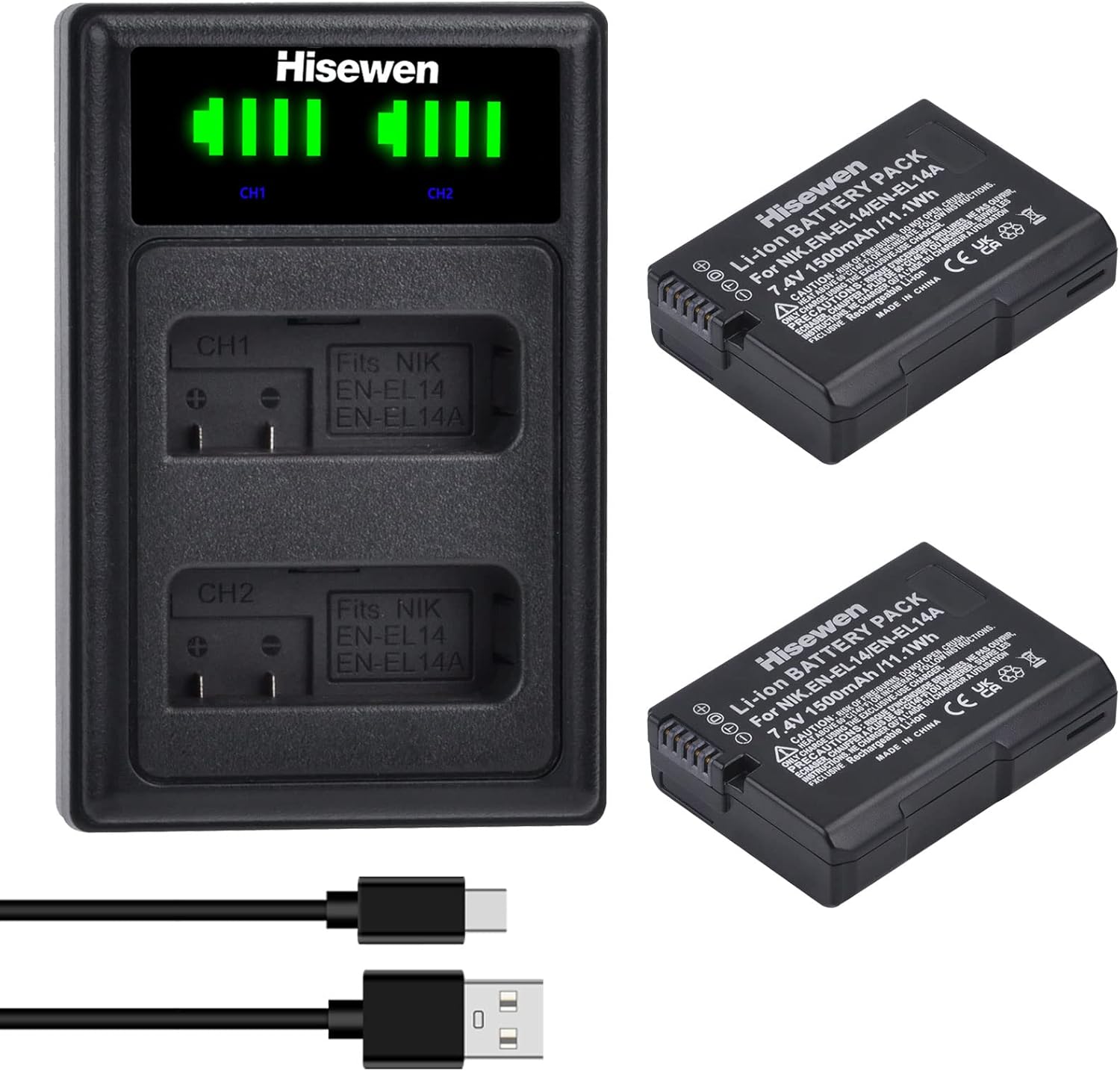 Detalle de Hisewen EN-EL14 ENEL14a Battery 2 Pack with Dual Charger for Nikon DSLRs