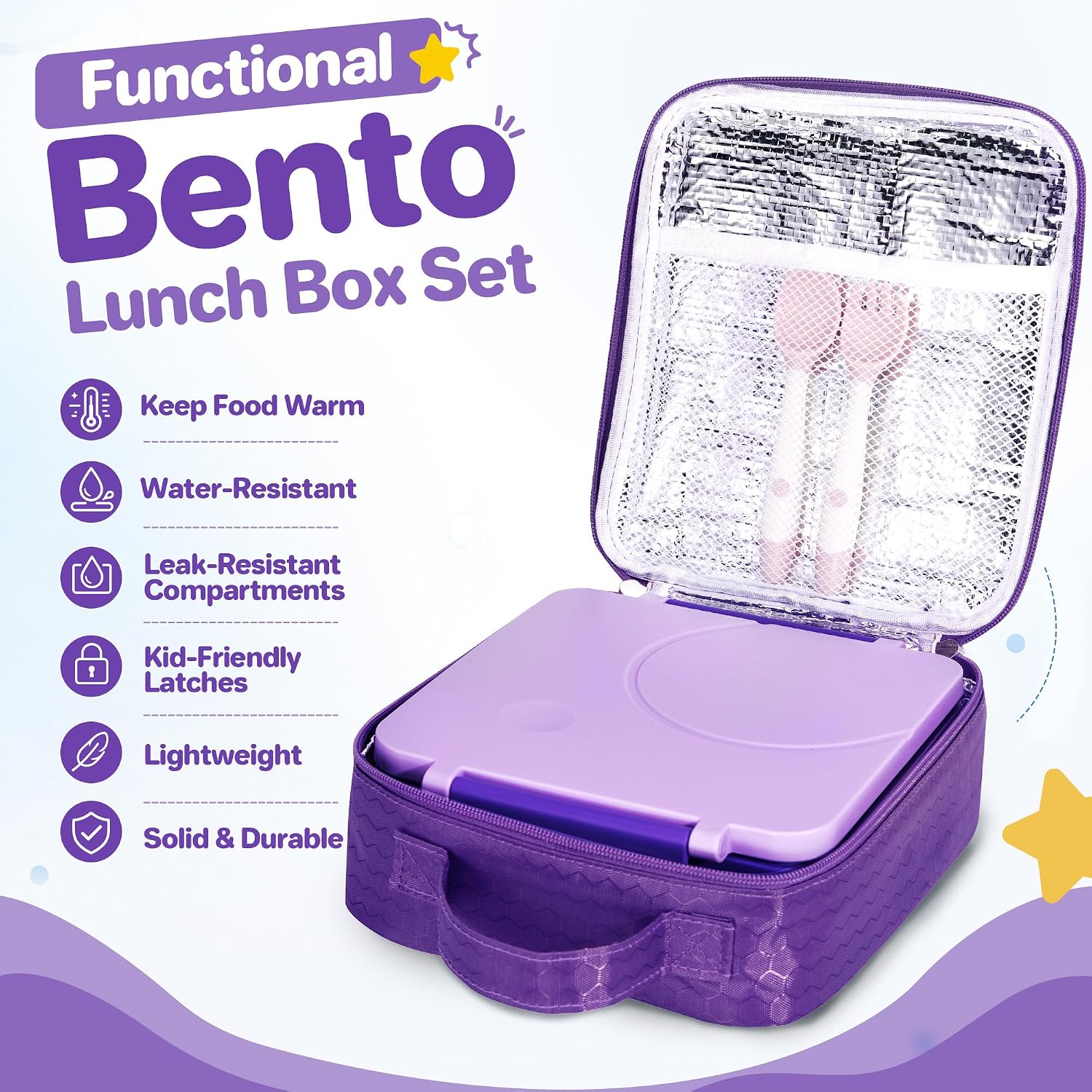 Thumbnail 3 de Kids Bento Lunch Box Set with 8oz Soup Thermo (Leak-Proof) + 4-Compartment Containers, Insulated Lunch Bag - Purple