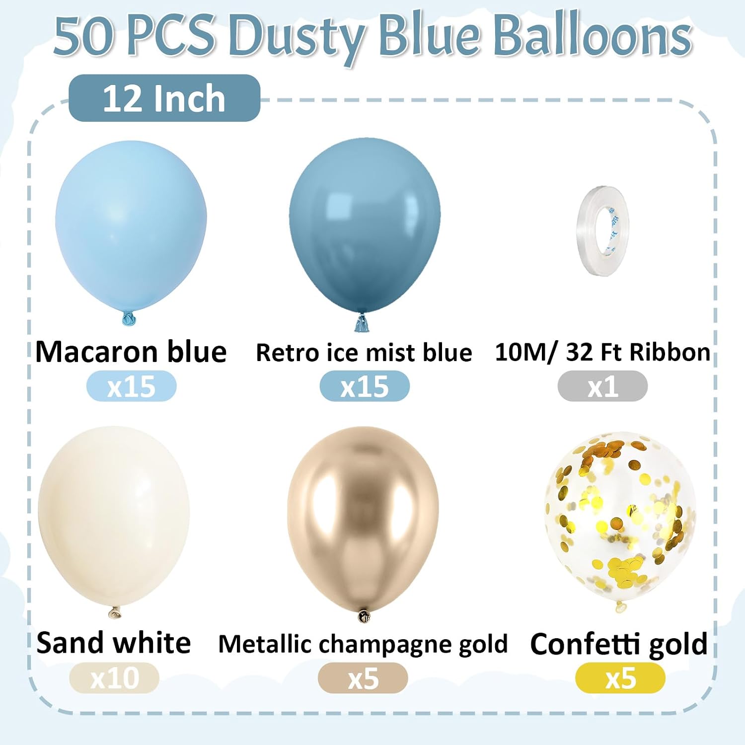 Detalle de Paready Dusty Blue Balloons, 50 Pcs – Light Blue Champagne Gold Mixed Balloons for Baby Showers and Celebrations
