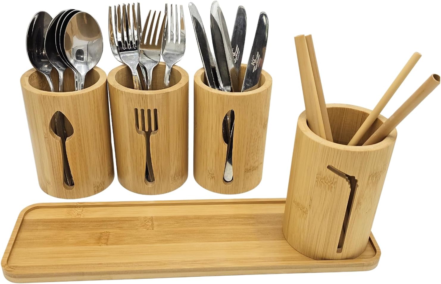 Detalle 2 de AYAMAX AYA201 Bamboo Cutlery Holder with 4 Pots and Tray