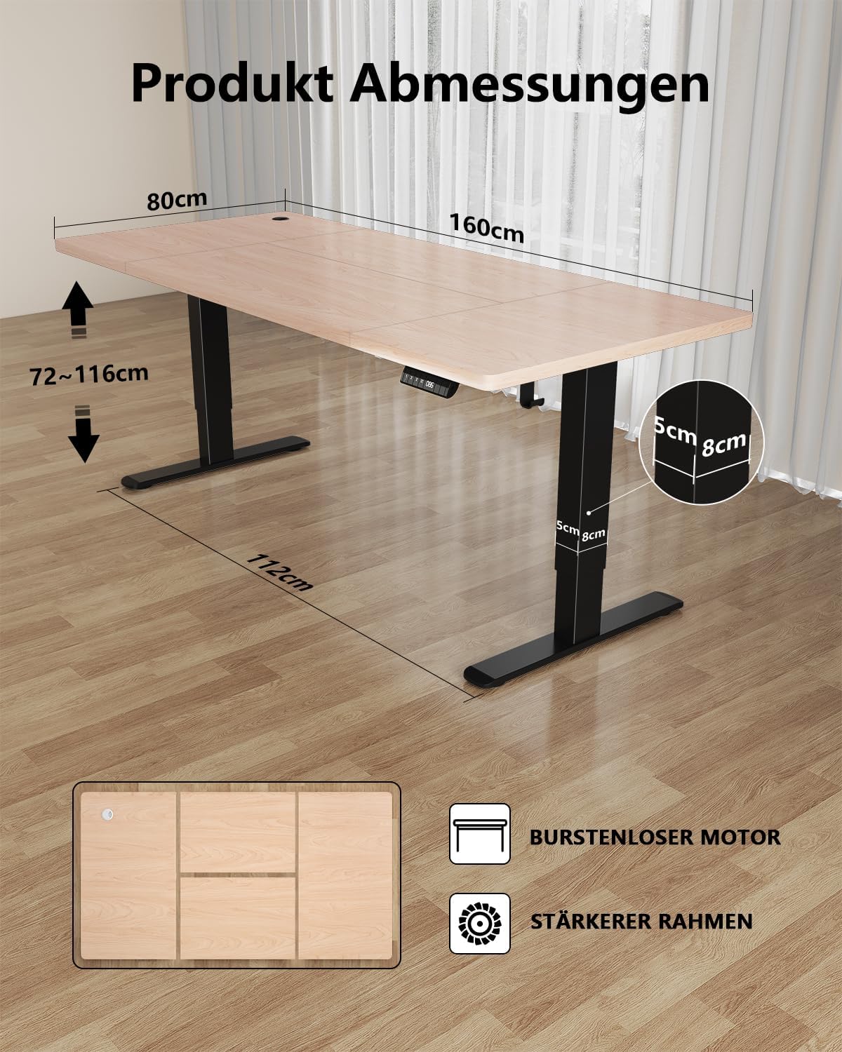 Detalle 2 de Flamaker Höhenverstellbarer Schreibtisch 160×80 cm