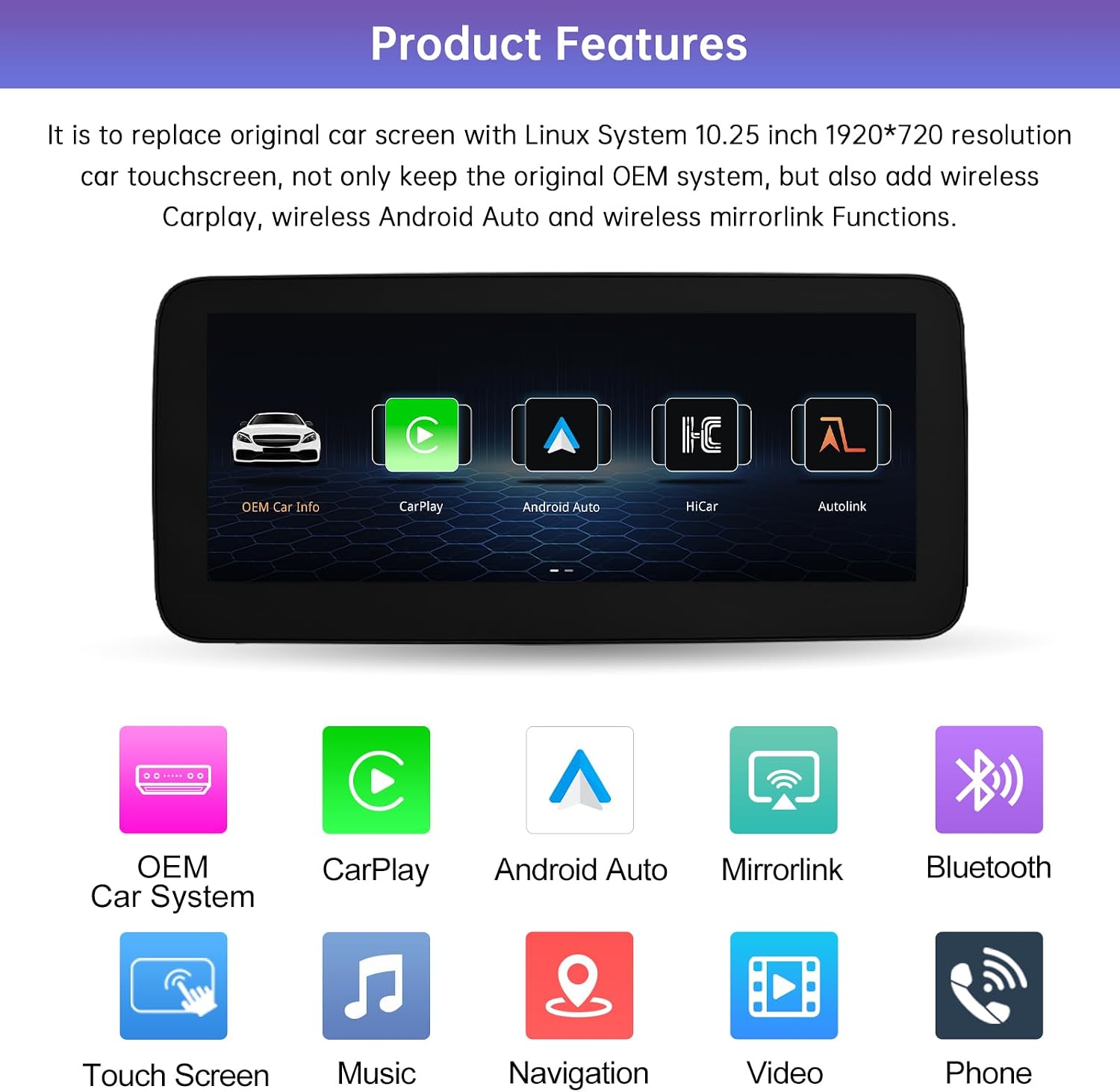 Detalle de Road Top Autoradio da 10,25 pollici con CarPlay senza fili e Android Auto per Mercedes NTG5.0/5.1/5.2 (W205/W447, 2016-2018)
