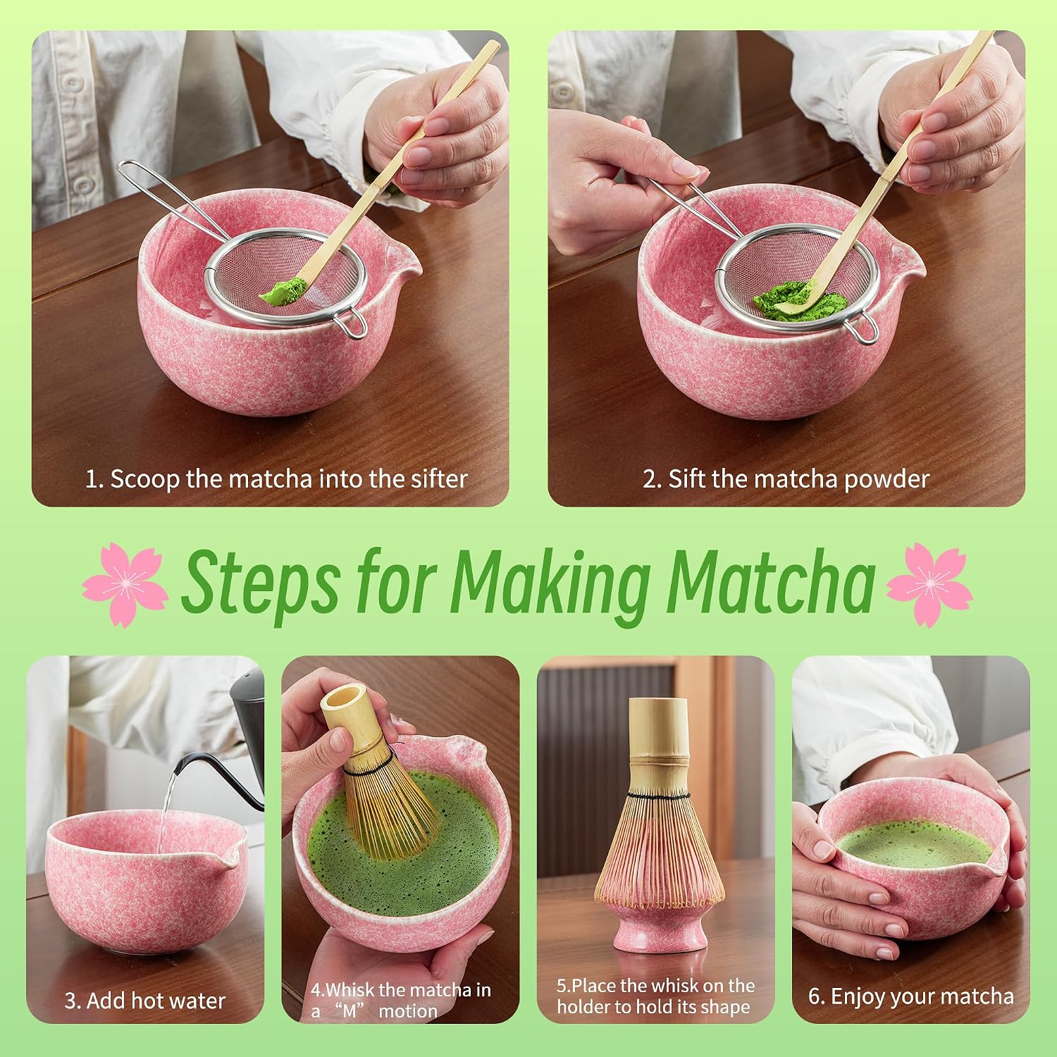 Detalle de TEANAGOO Set Fruste Matcha da 7 pezzi – rosa, cerimonia e latte matcha
