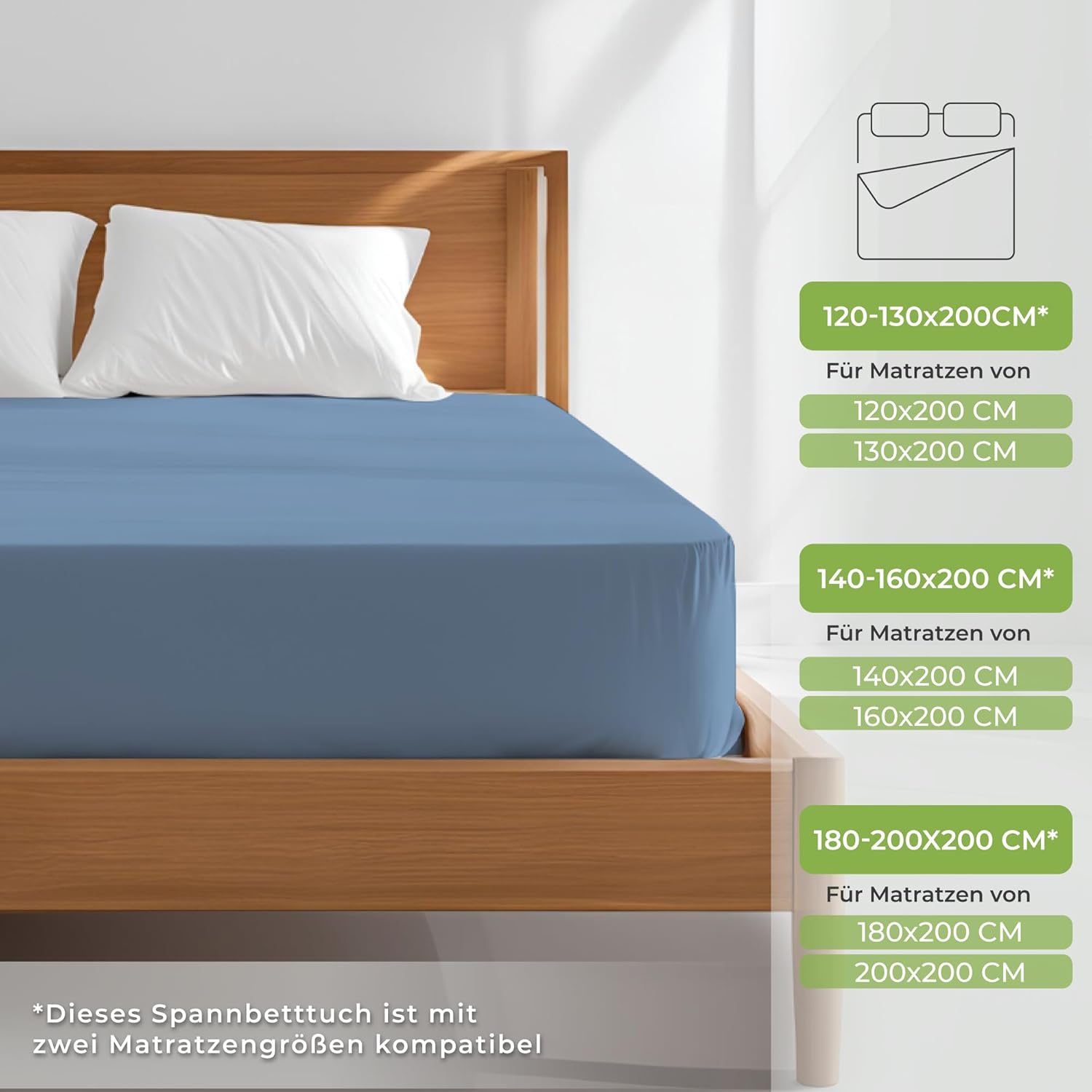 Thumbnail 3 de Dreamzie Premium Spannbettlaken 180x200 cm bis 200x200 cm – Blau, 100% Bio-Baumwolle, 150 g/m², GOTS & OEKO-TEX