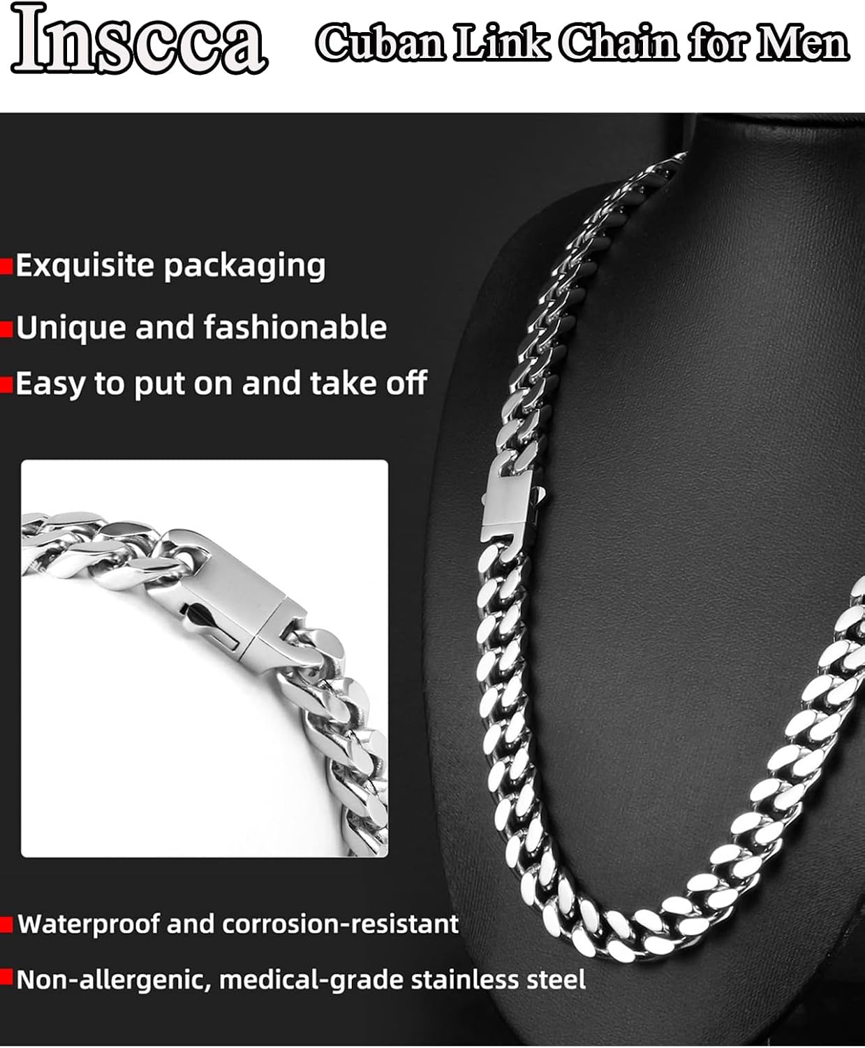 Detalle 2 de Inscca Kette Herren Edelstahl Massiv – Kubanische Panzerkette 13 mm, 70 cm, 316L Chirurgenstahl