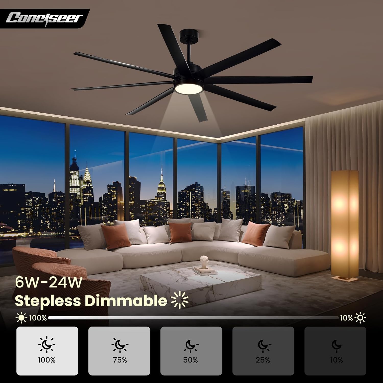 Thumbnail 3 de Conciseer 72-Inch Modern Ceiling Fan with Lights, Remote & 6-Speed Reversible Quiet DC Motor (Black)