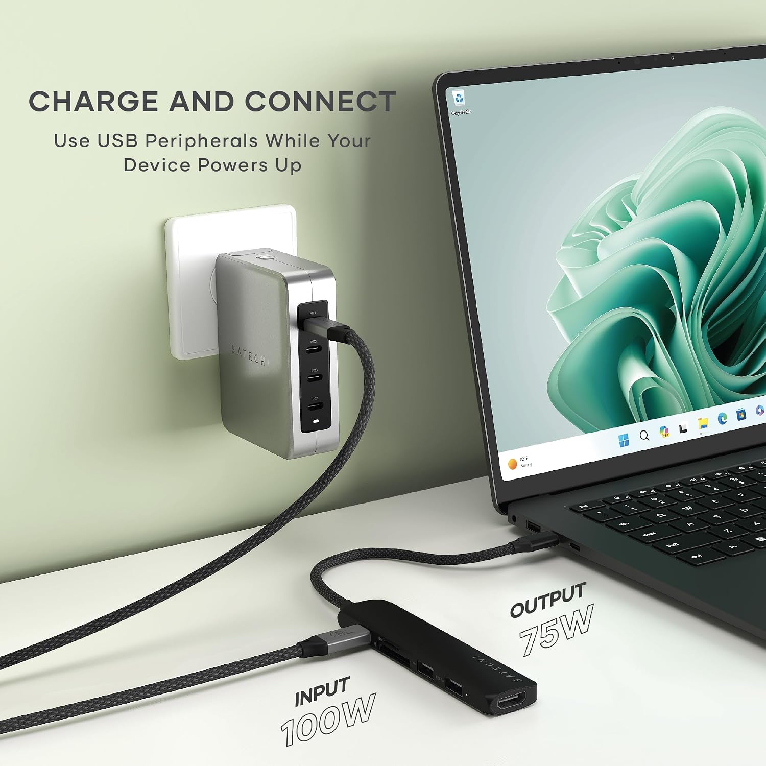 Detalle de Satechi 6-in-1 USB-C Hub Slim Plus Multiport Adaptor with HDMI 4K@60Hz and 100W USB-C PD Charging (Black)
