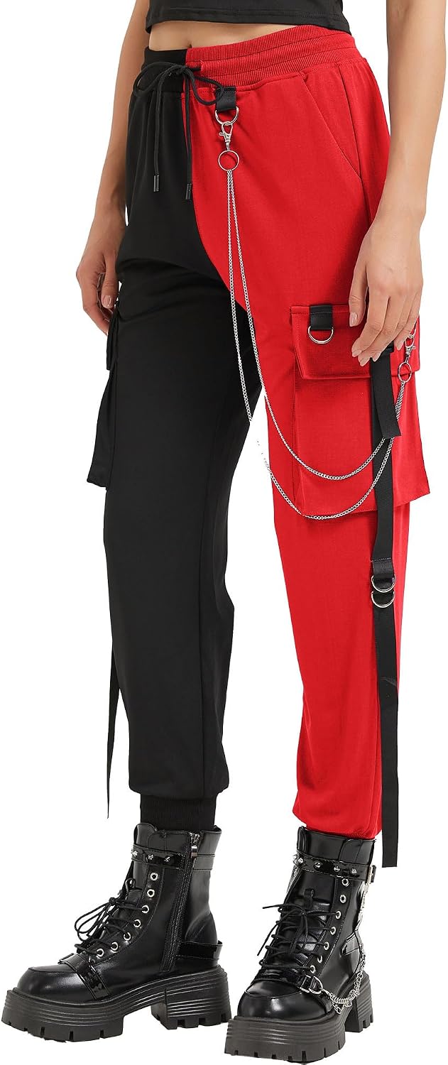 Detalle de MEINVQIAOTI Damen Retro Cargo – weite Cargo-Hose im Retro-/Punk-Look mit Ketten-Details
