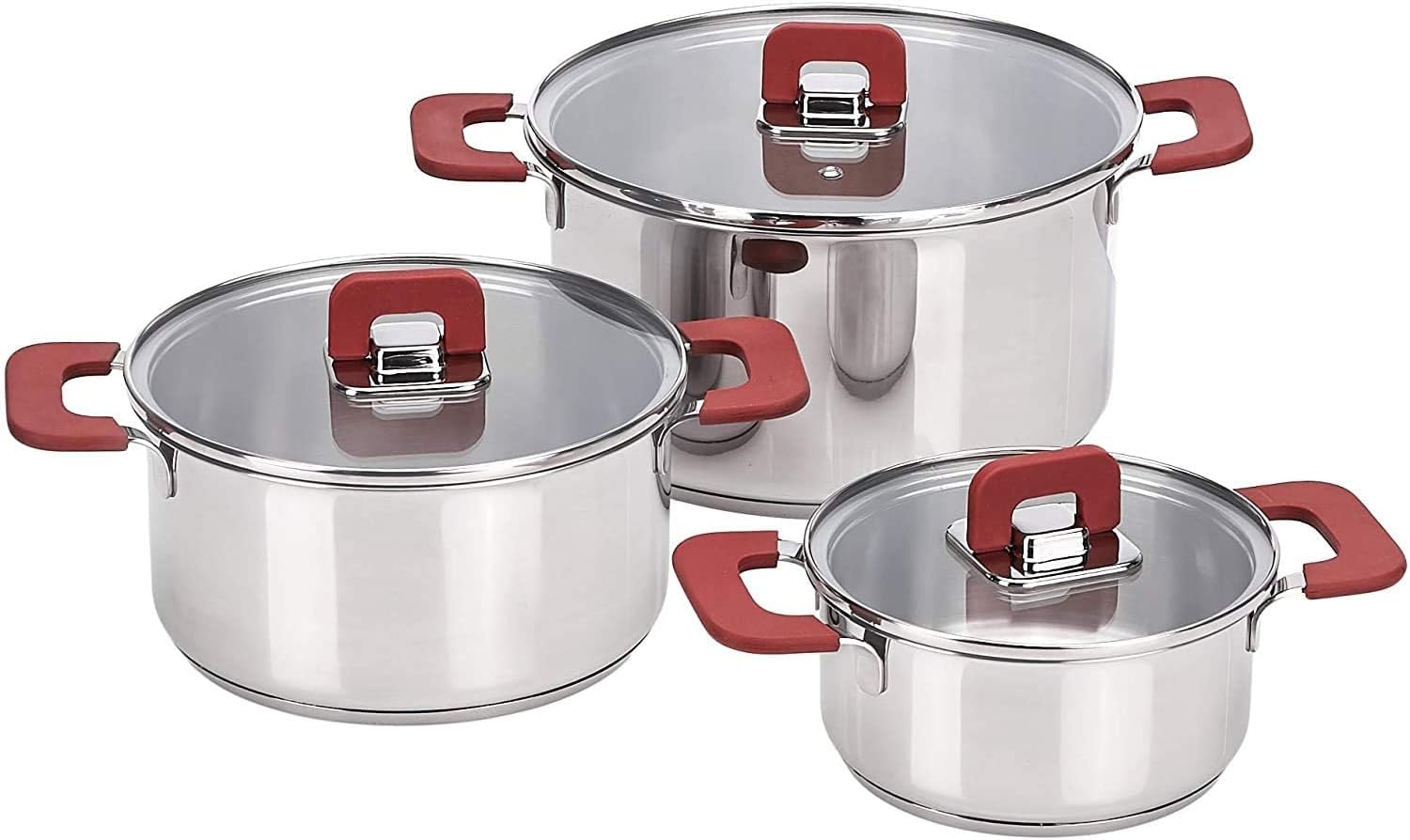 Detalle de Amazon Basics 3-Piece Stainless Steel Space Saving Induction Cookware Set (16/20/24 cm)