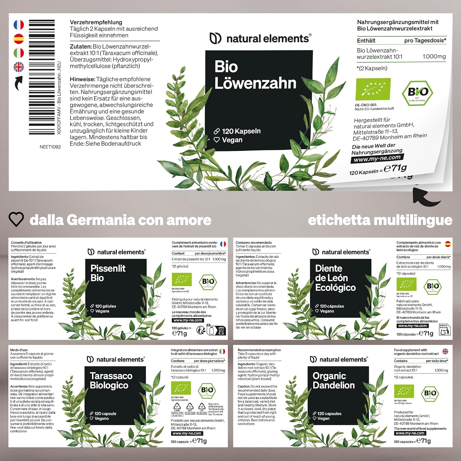 Detalle de Tarassaco Biologico (120 capsule) – estratto di radici di tarassaco 10:1 ad alto dosaggio, vegano
