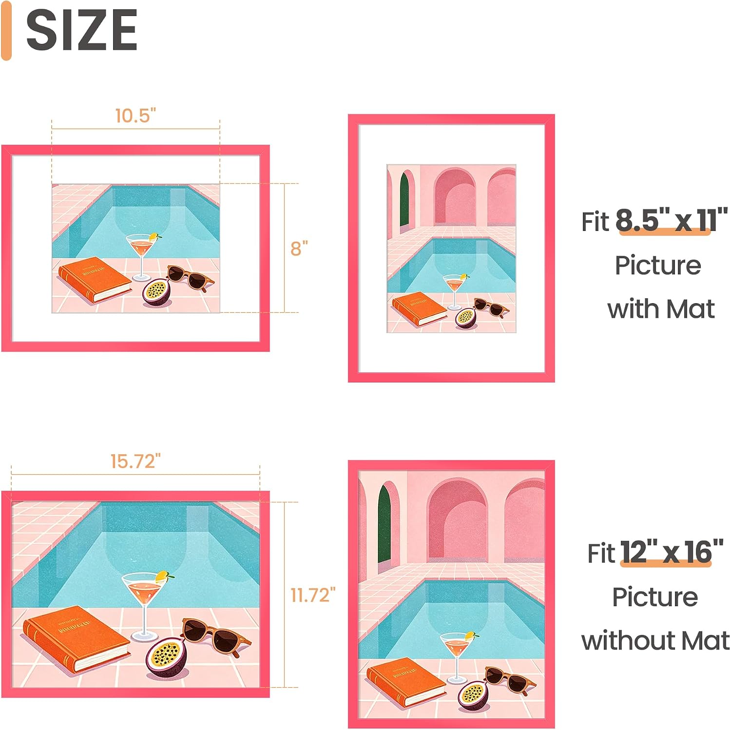 Detalle de upsimples 12x16 Inch Pink Picture Frame with Mat (8.5x11 with Mat) or 12x16 without Mat