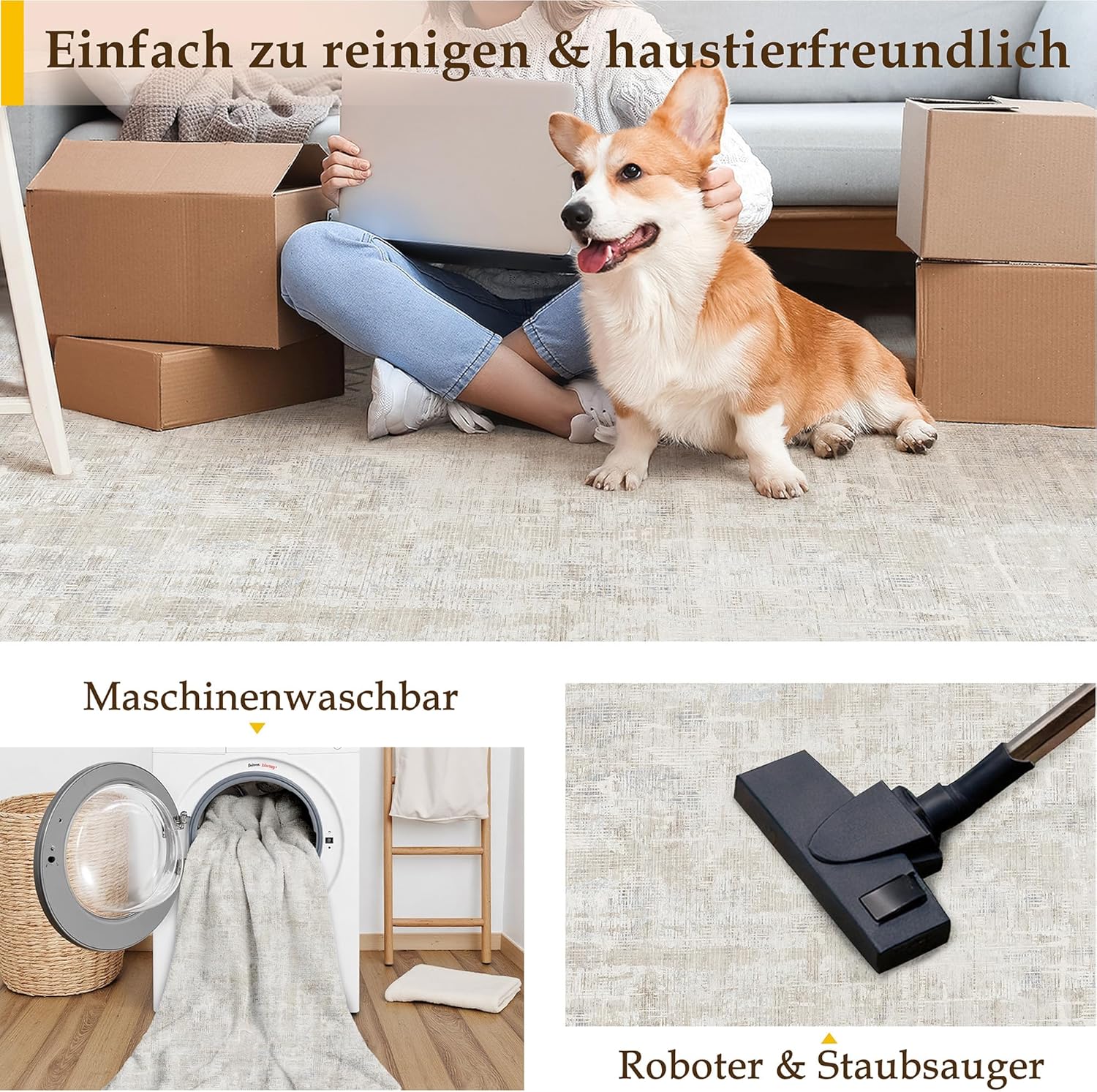 Thumbnail 2 de PureCozy Beige/Grau Kurzflor Teppich 140x200 – waschbar, rutschfest und pflegeleicht für Wohnzimmer & Co.